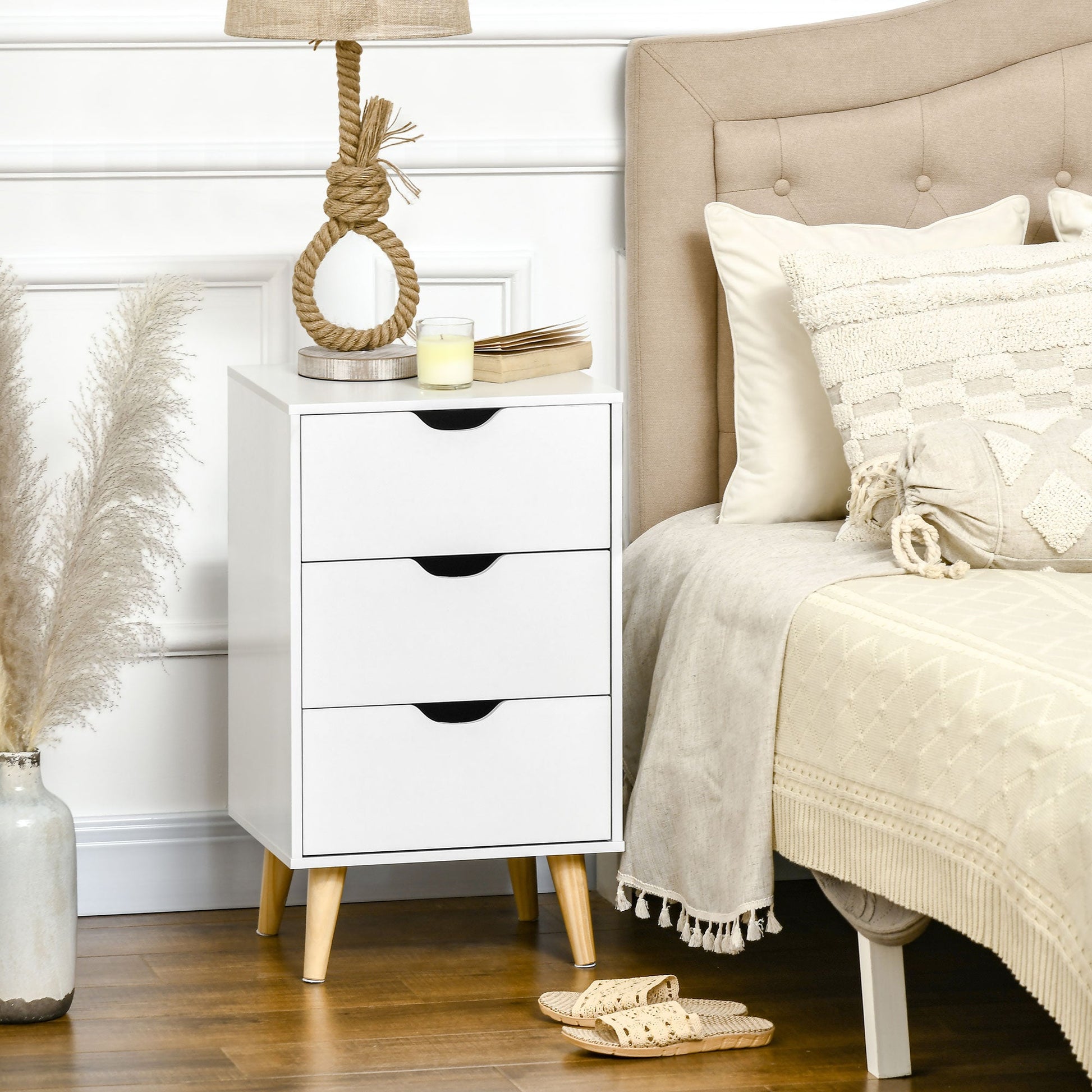 HOMCOM Set of 2 Bedside Tables, Modern Nightstand Side End Table with 3 Storage Drawers and Solid Pine Wood Legs for Bedroom Living Room Entryway, White | Luxury Home Accessories | Heulog Glow