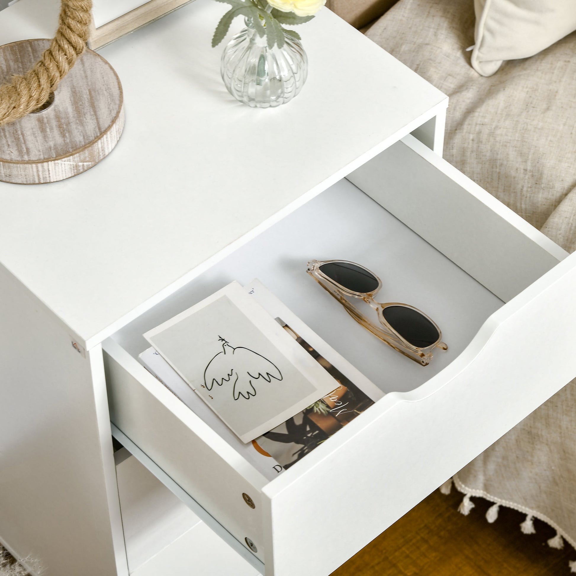 HOMCOM Set of 2 Bedside Tables, Modern Nightstand Side End Table with 3 Storage Drawers and Solid Pine Wood Legs for Bedroom Living Room Entryway, White | Luxury Home Accessories | Heulog Glow