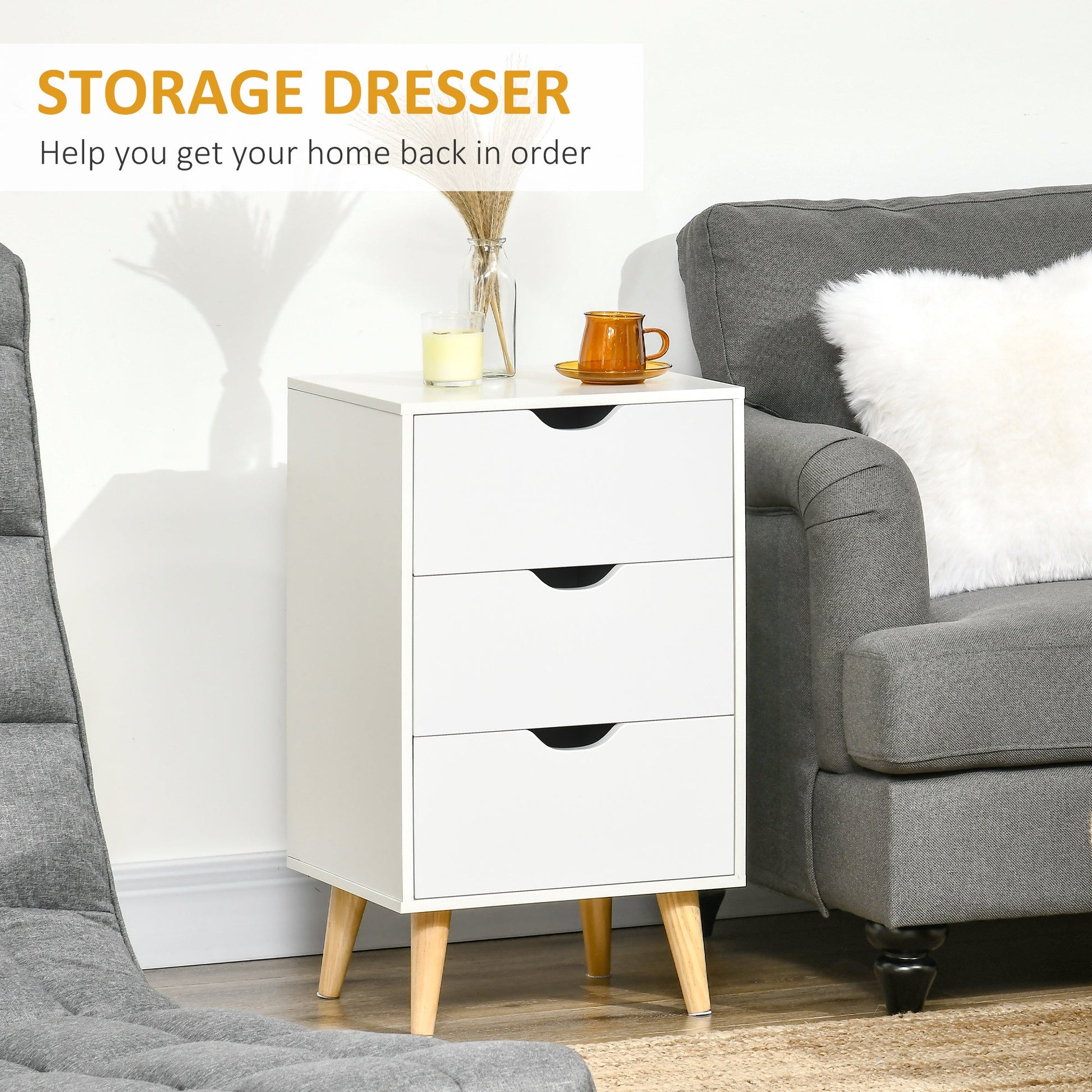HOMCOM Set of 2 Bedside Tables, Modern Nightstand Side End Table with 3 Storage Drawers and Solid Pine Wood Legs for Bedroom Living Room Entryway, White | Luxury Home Accessories | Heulog Glow