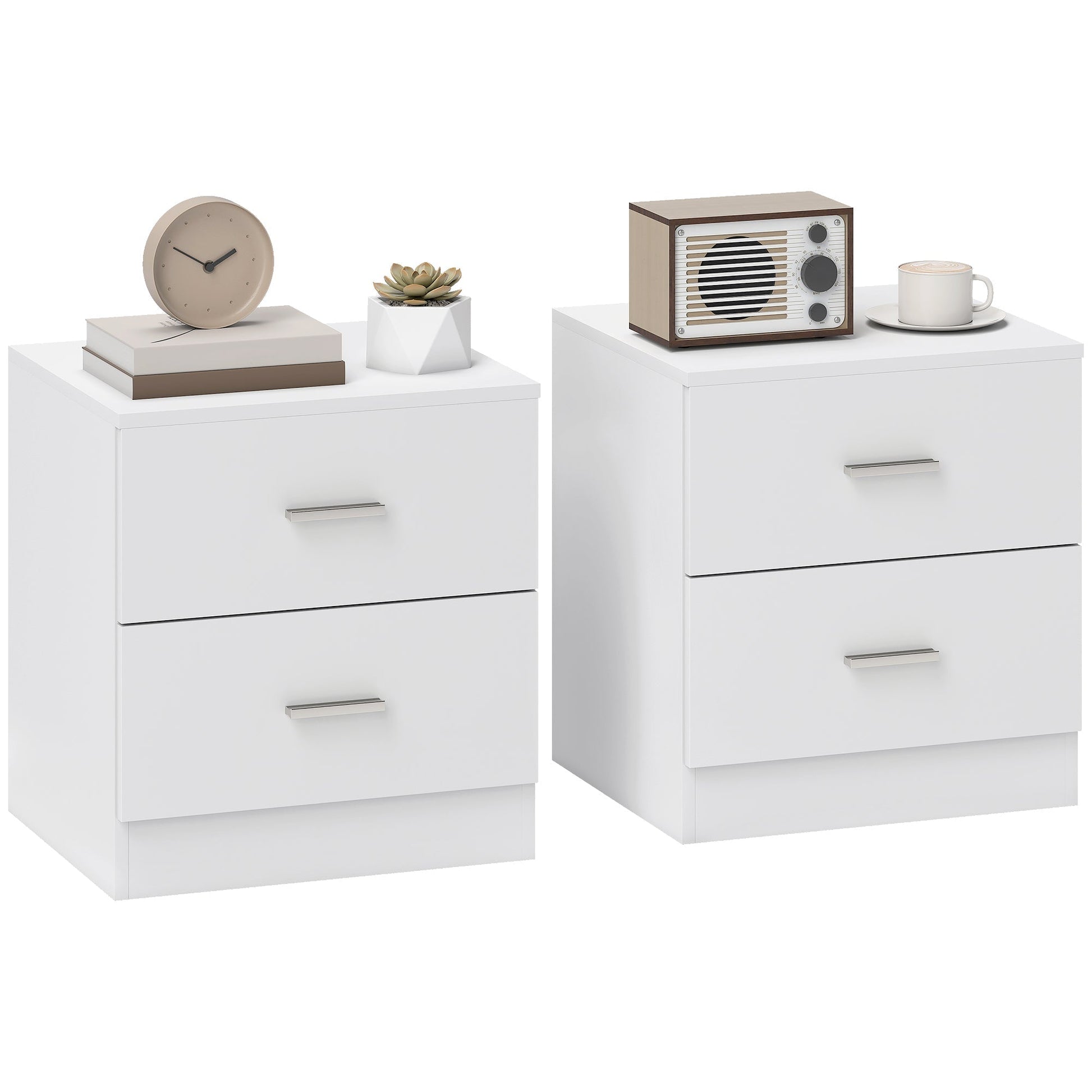 HOMCOM Set of 2 Modern Nightstands, Bedside Tables with 2 Storage Drawers, Accent End Table for Bedroom and Living Room, White | Luxury Home Accessories | Heulog Glow
