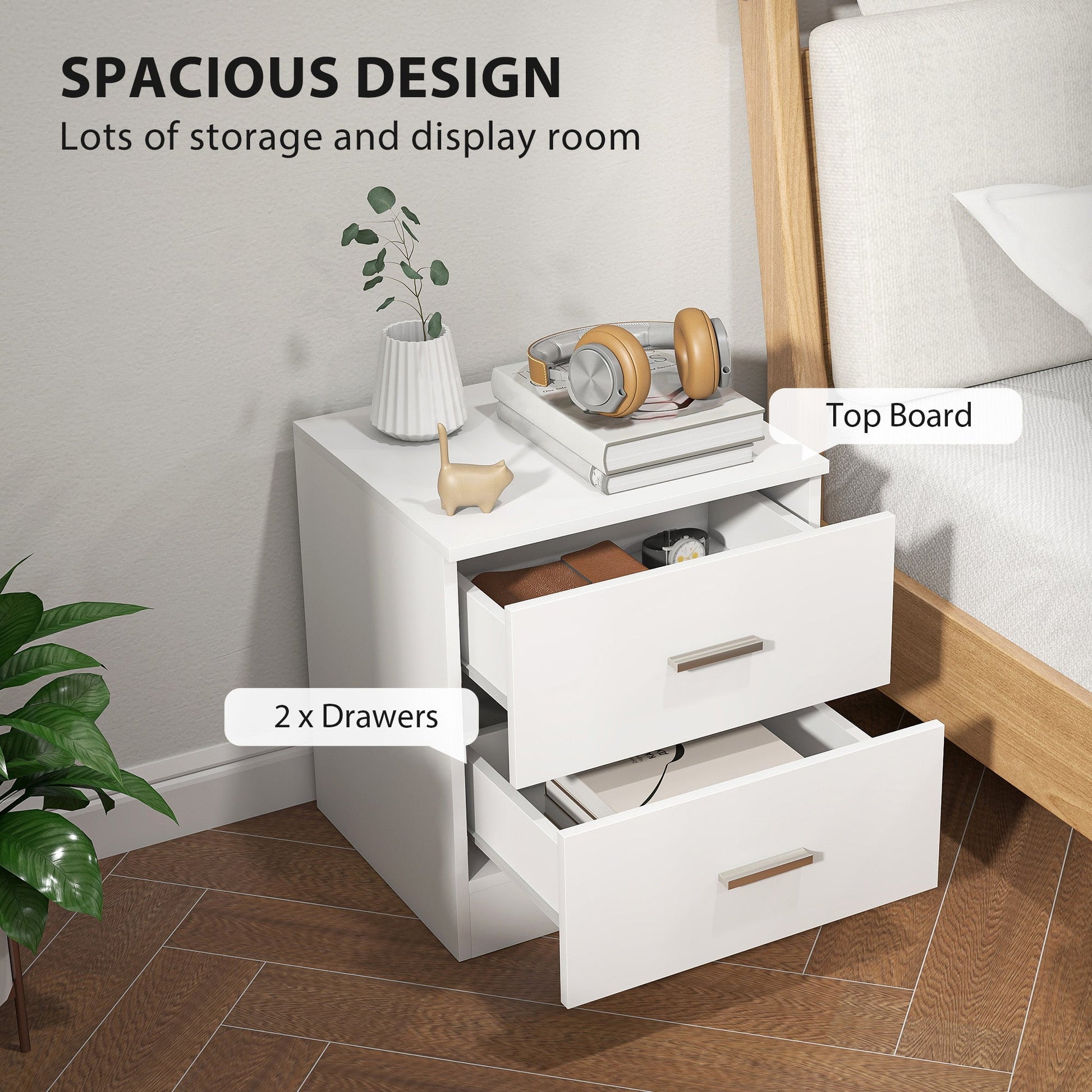 HOMCOM Set of 2 Modern Nightstands, Bedside Tables with 2 Storage Drawers, Accent End Table for Bedroom and Living Room, White | Luxury Home Accessories | Heulog Glow