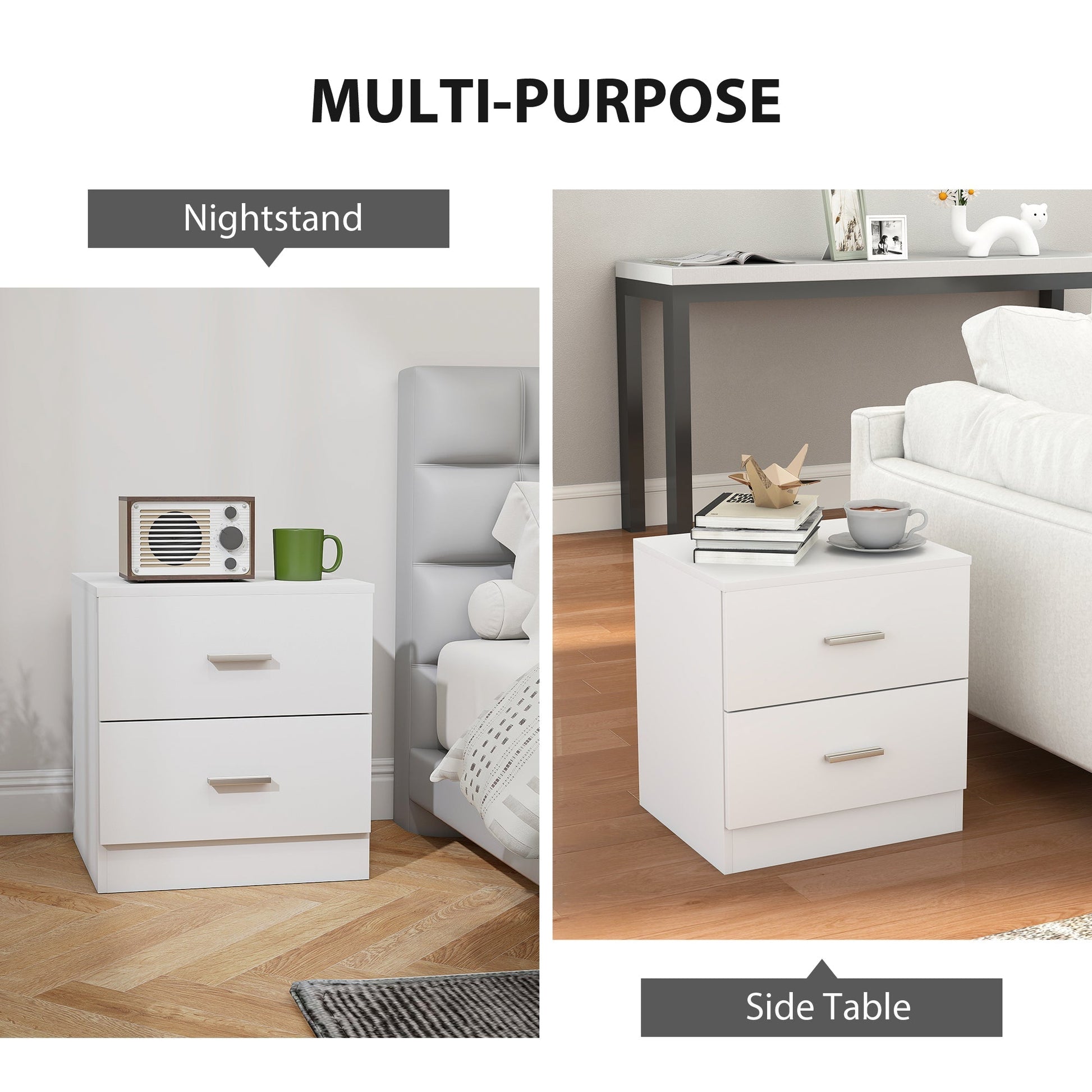 HOMCOM Set of 2 Modern Nightstands, Bedside Tables with 2 Storage Drawers, Accent End Table for Bedroom and Living Room, White | Luxury Home Accessories | Heulog Glow