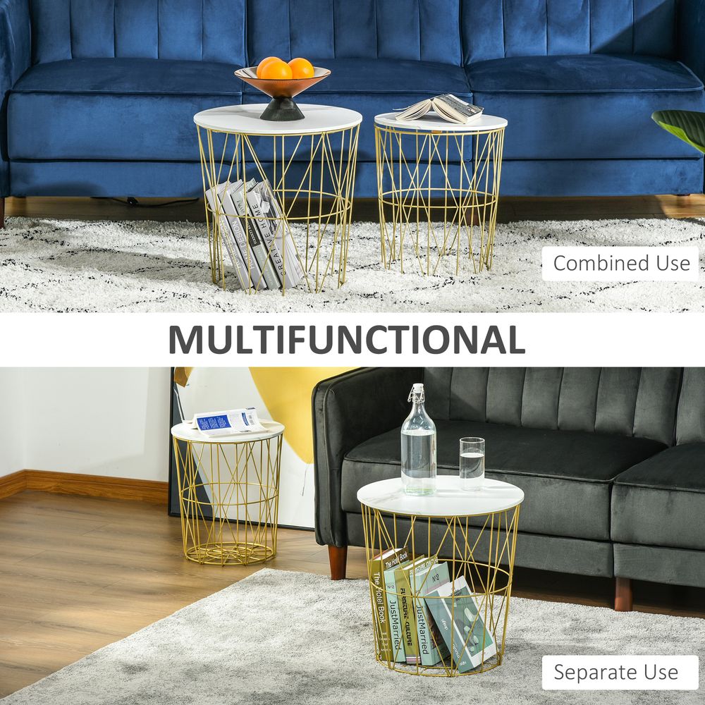HOMCOM Set of 2 Nesting Side Tables with Storage, Round End Tables Coffee Tables with Steel Frame and Removable Round Top, for Living Room, bedroom, office, White | Luxury Home Accessories | Heulog Glow