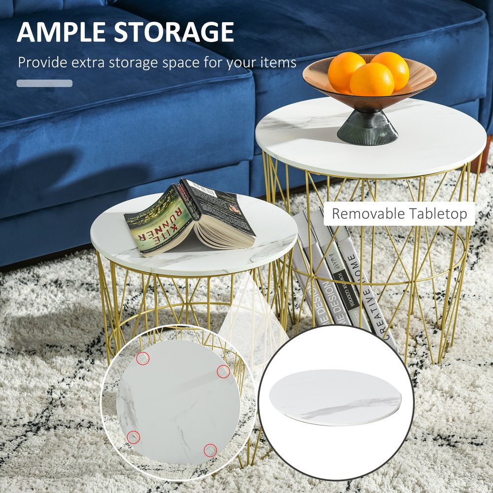 HOMCOM Set of 2 Nesting Side Tables with Storage, Round End Tables Coffee Tables with Steel Frame and Removable Round Top, for Living Room, bedroom, office, White | Luxury Home Accessories | Heulog Glow