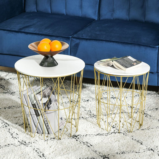 HOMCOM Set of 2 Nesting Side Tables with Storage, Round End Tables Coffee Tables with Steel Frame and Removable Round Top, for Living Room, bedroom, office, White | Luxury Home Accessories | Heulog Glow