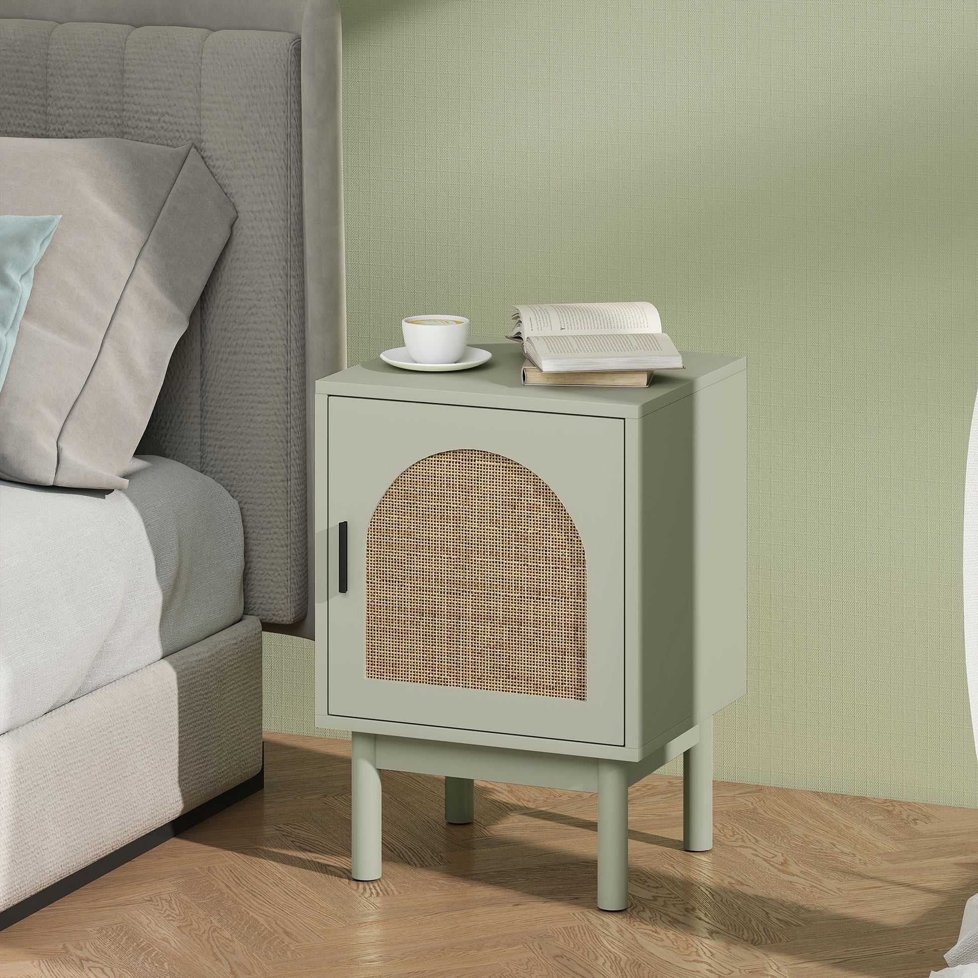 HOMCOM Set of 2 Rattan Bedside Tables, Boho Nightstands with Solid Wood Legs and Storage Cabinet for Living Room, Bedroom, Accent End Side Table, Light Green | Luxury Home Accessories | Heulog Glow