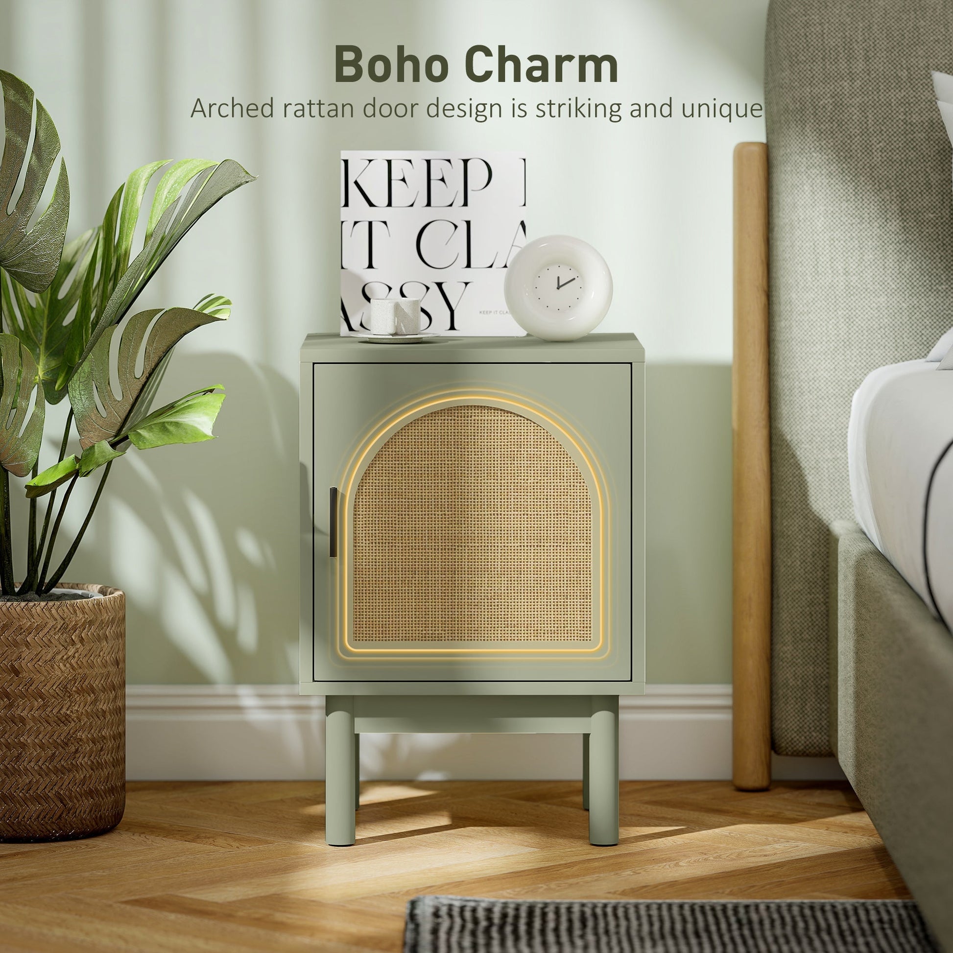 HOMCOM Set of 2 Rattan Bedside Tables, Boho Nightstands with Solid Wood Legs and Storage Cabinet for Living Room, Bedroom, Accent End Side Table, Light Green | Luxury Home Accessories | Heulog Glow