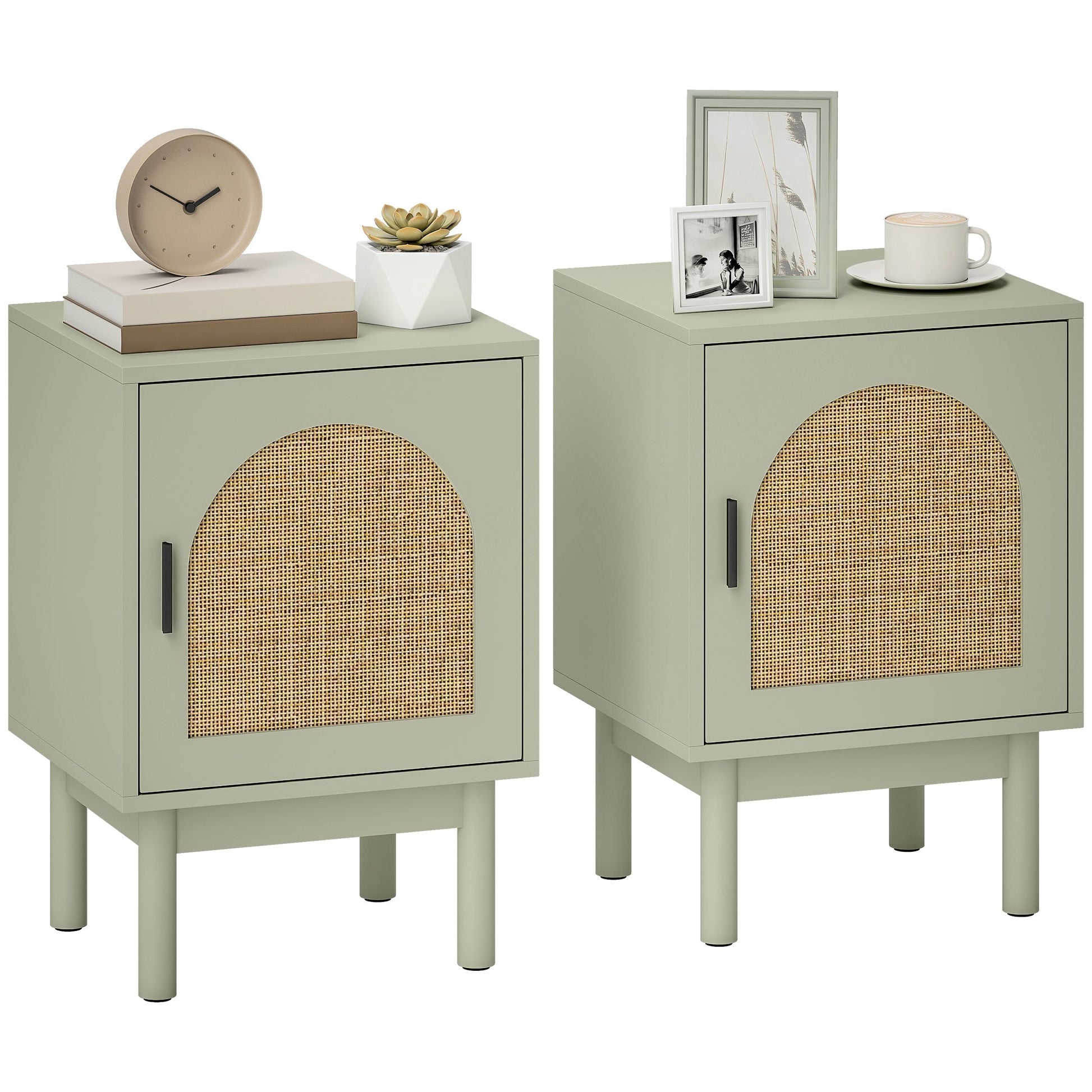 HOMCOM Set of 2 Rattan Bedside Tables, Boho Nightstands with Solid Wood Legs and Storage Cabinet for Living Room, Bedroom, Accent End Side Table, Light Green | Luxury Home Accessories | Heulog Glow