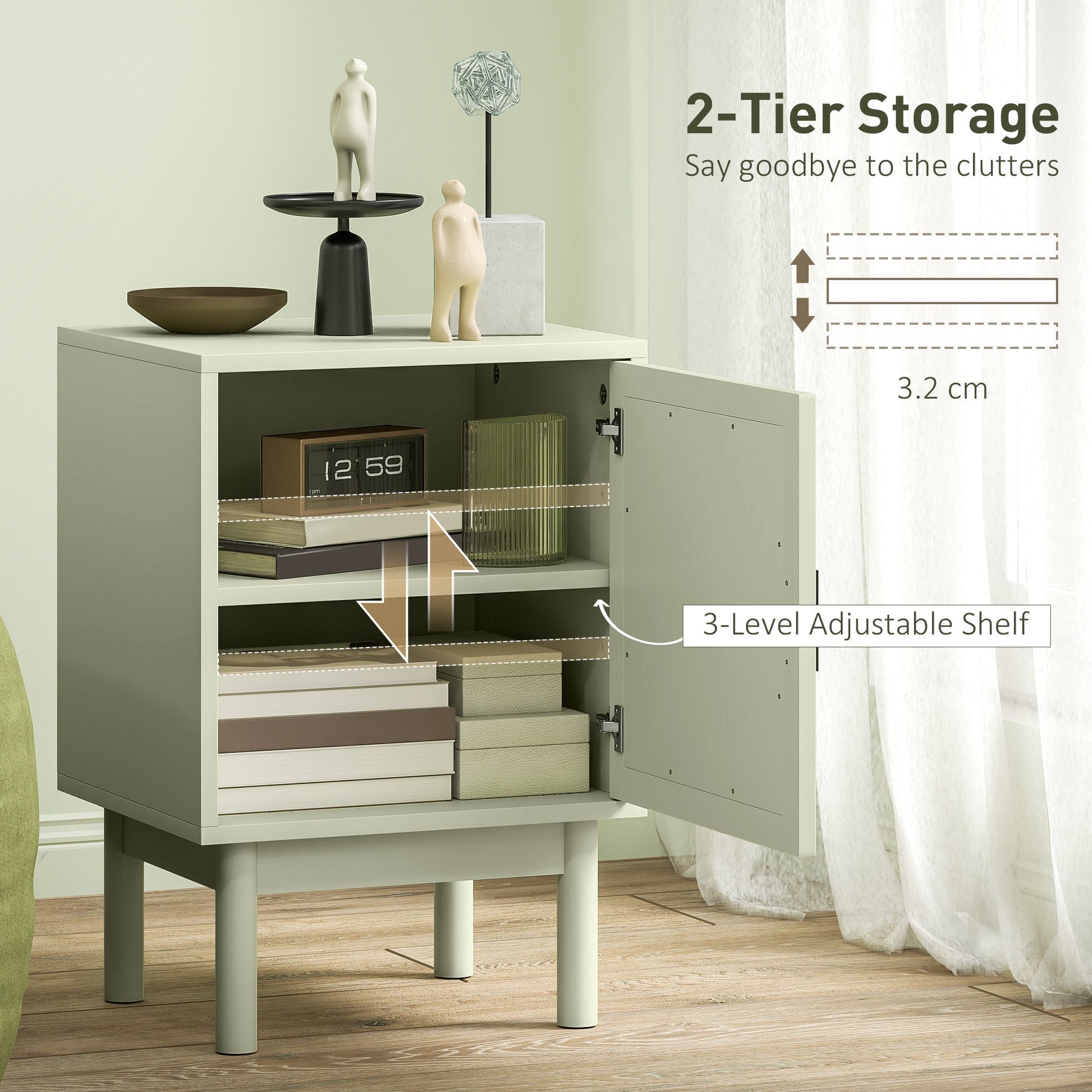 HOMCOM Set of 2 Rattan Bedside Tables, Boho Nightstands with Solid Wood Legs and Storage Cabinet for Living Room, Bedroom, Accent End Side Table, Light Green | Luxury Home Accessories | Heulog Glow