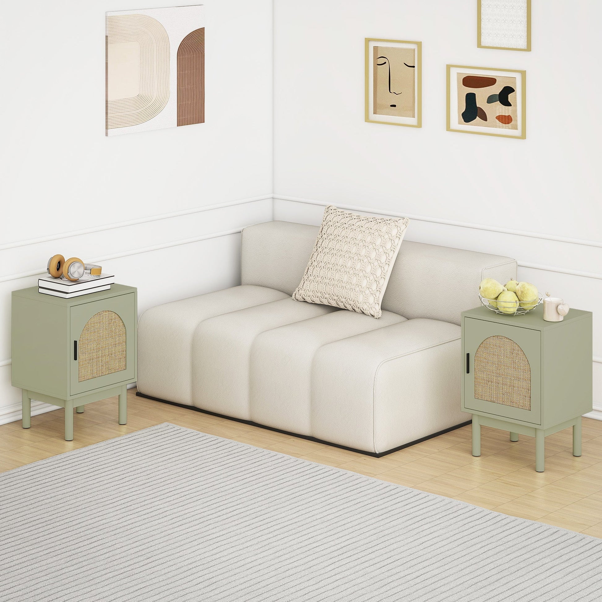 HOMCOM Set of 2 Rattan Bedside Tables, Boho Nightstands with Solid Wood Legs and Storage Cabinet for Living Room, Bedroom, Accent End Side Table, Light Green | Luxury Home Accessories | Heulog Glow