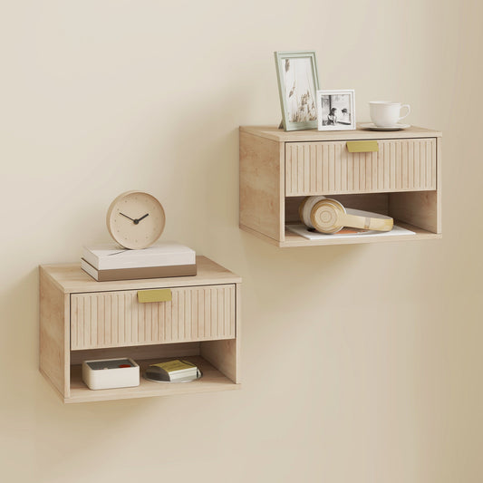HOMCOM Set of 2 Wall Mounted Nightstands, Floating Bedside Tables with Fluted Drawer and Open Shelf for Small Bedroom, Oak | Luxury Home Accessories | Heulog Glow