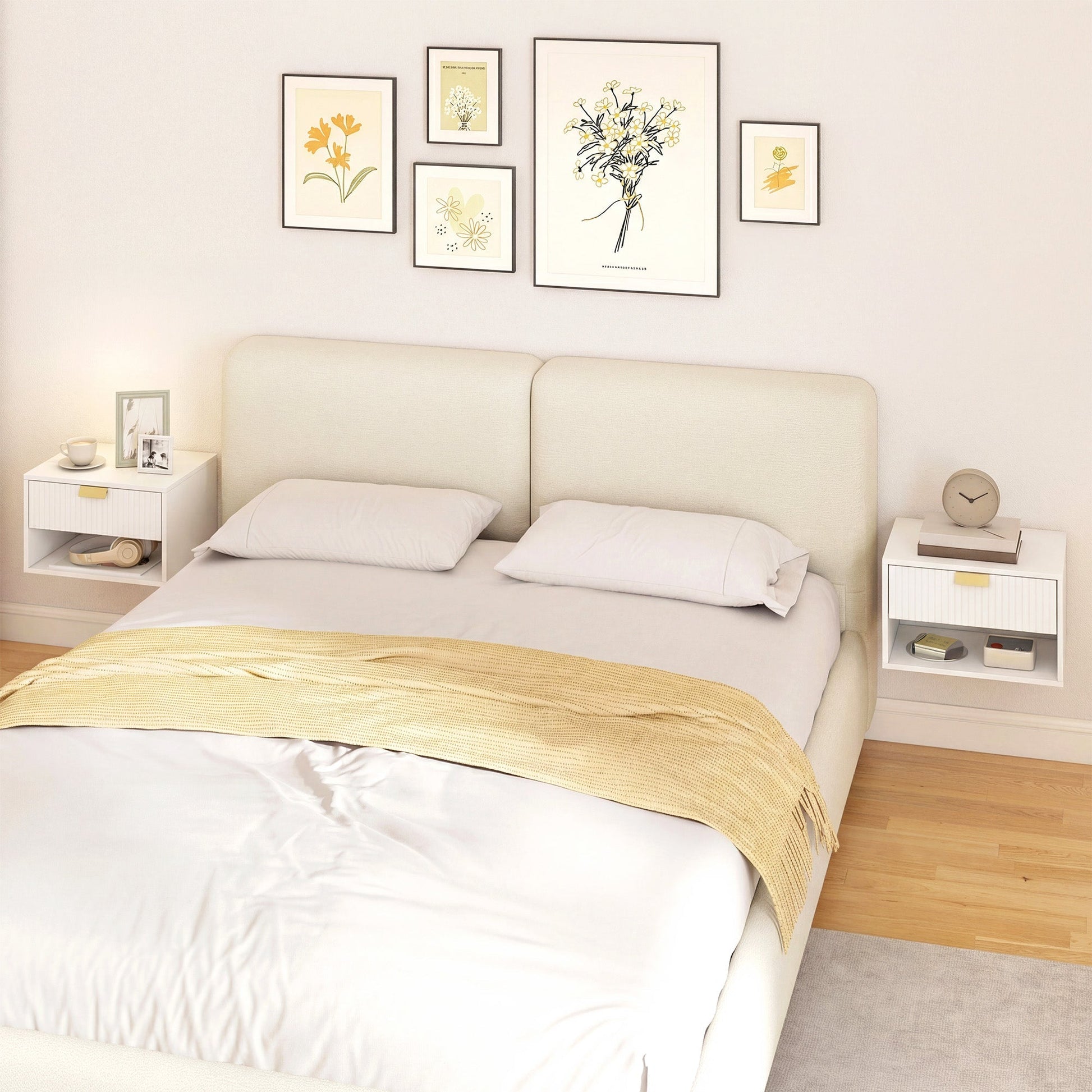 HOMCOM Set of 2 Wall Mounted Nightstands, Floating Bedside Tables with Fluted Drawer and Open Shelf for Small Bedroom, White | Luxury Home Accessories | Heulog Glow