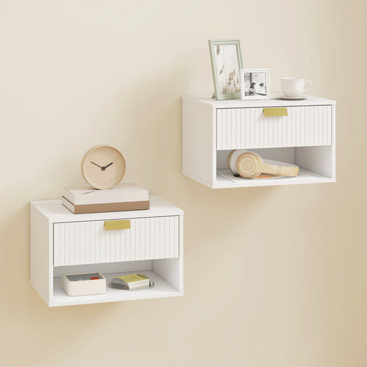 HOMCOM Set of 2 Wall Mounted Nightstands, Floating Bedside Tables with Fluted Drawer and Open Shelf for Small Bedroom, White | Luxury Home Accessories | Heulog Glow