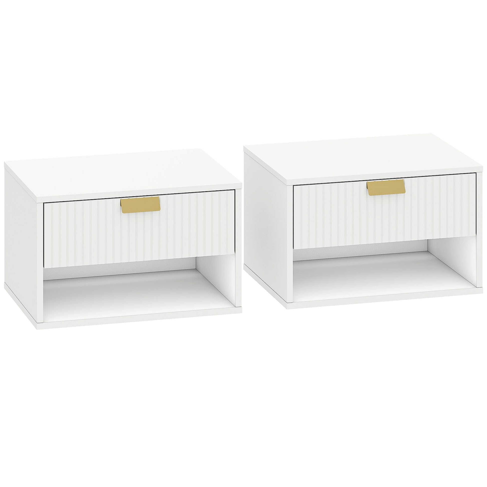 HOMCOM Set of 2 Wall Mounted Nightstands, Floating Bedside Tables with Fluted Drawer and Open Shelf for Small Bedroom, White | Luxury Home Accessories | Heulog Glow