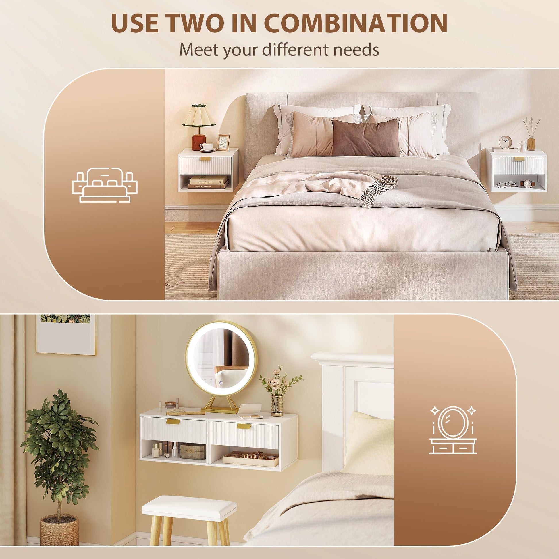 HOMCOM Set of 2 Wall Mounted Nightstands, Floating Bedside Tables with Fluted Drawer and Open Shelf for Small Bedroom, White | Luxury Home Accessories | Heulog Glow