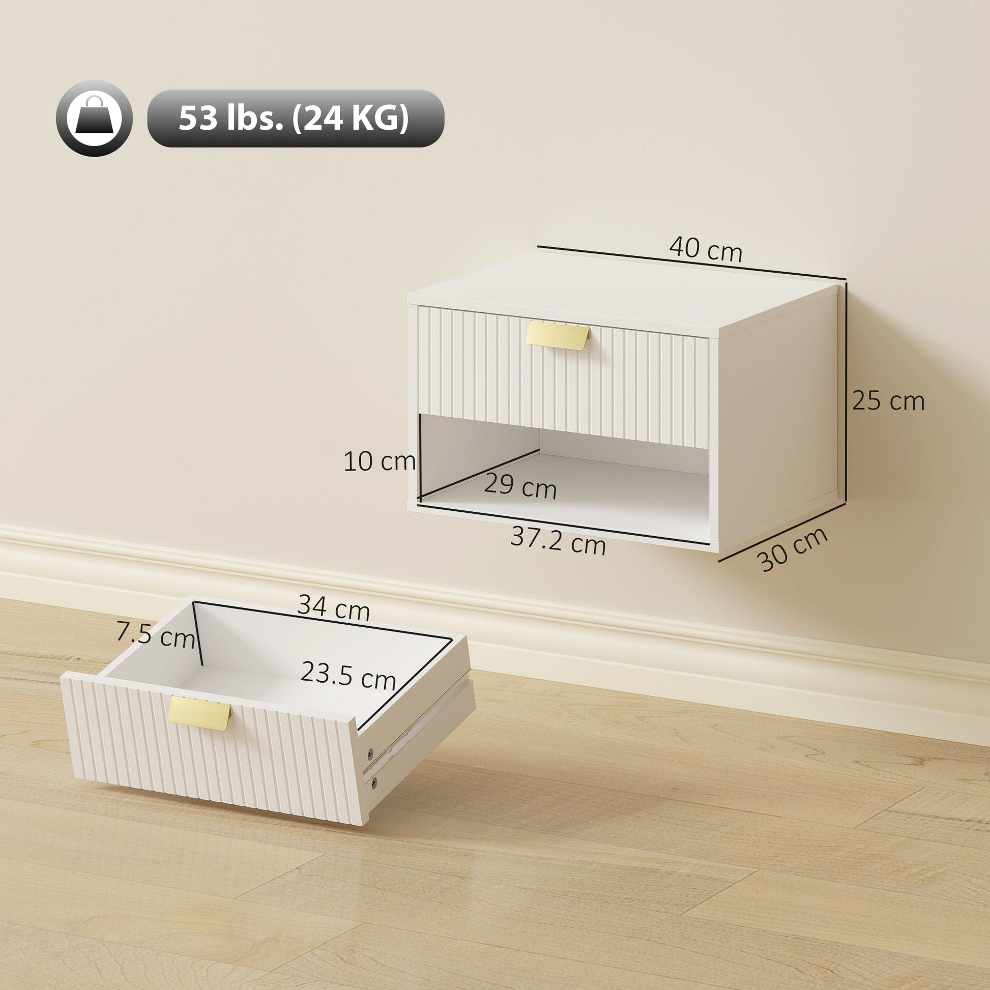 HOMCOM Set of 2 Wall Mounted Nightstands, Floating Bedside Tables with Fluted Drawer and Open Shelf for Small Bedroom, White | Luxury Home Accessories | Heulog Glow