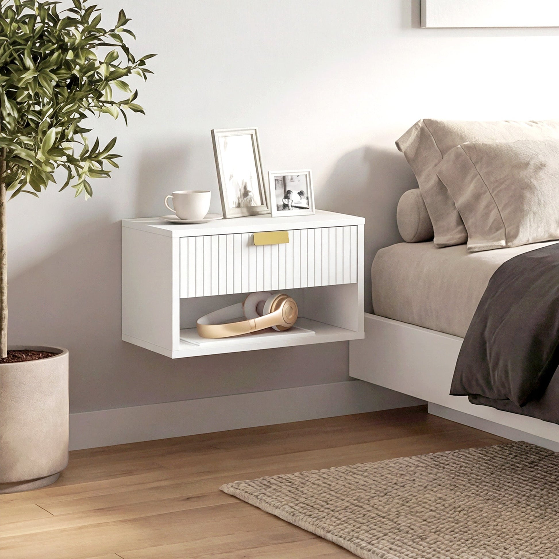 HOMCOM Set of 2 Wall Mounted Nightstands, Floating Bedside Tables with Fluted Drawer and Open Shelf for Small Bedroom, White | Luxury Home Accessories | Heulog Glow
