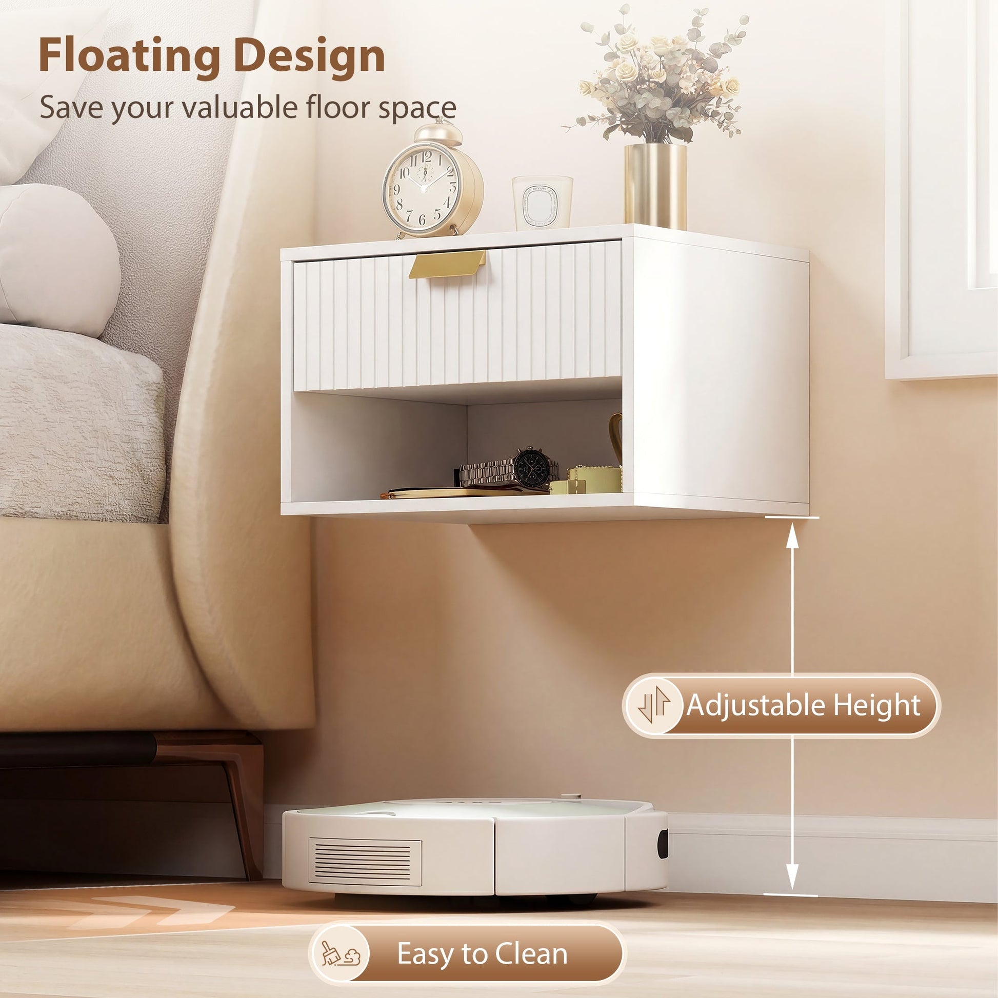 HOMCOM Set of 2 Wall Mounted Nightstands, Floating Bedside Tables with Fluted Drawer and Open Shelf for Small Bedroom, White | Luxury Home Accessories | Heulog Glow