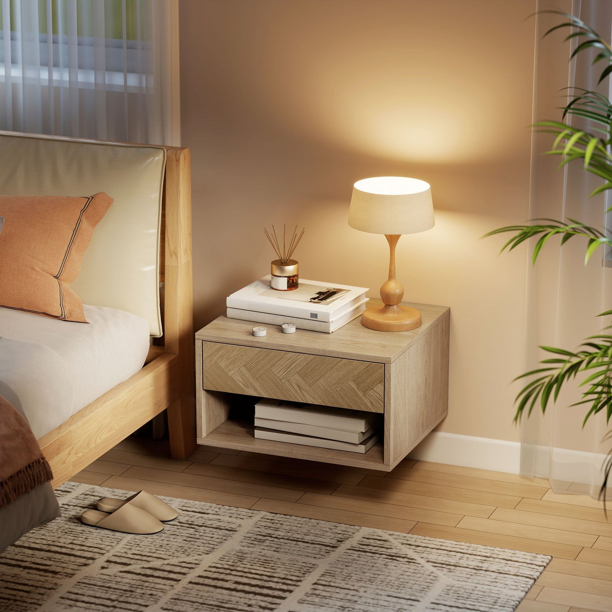 HOMCOM Set of Two Floating Bedside Tables - Natural Wood Finish | Luxury Home Accessories | Heulog Glow
