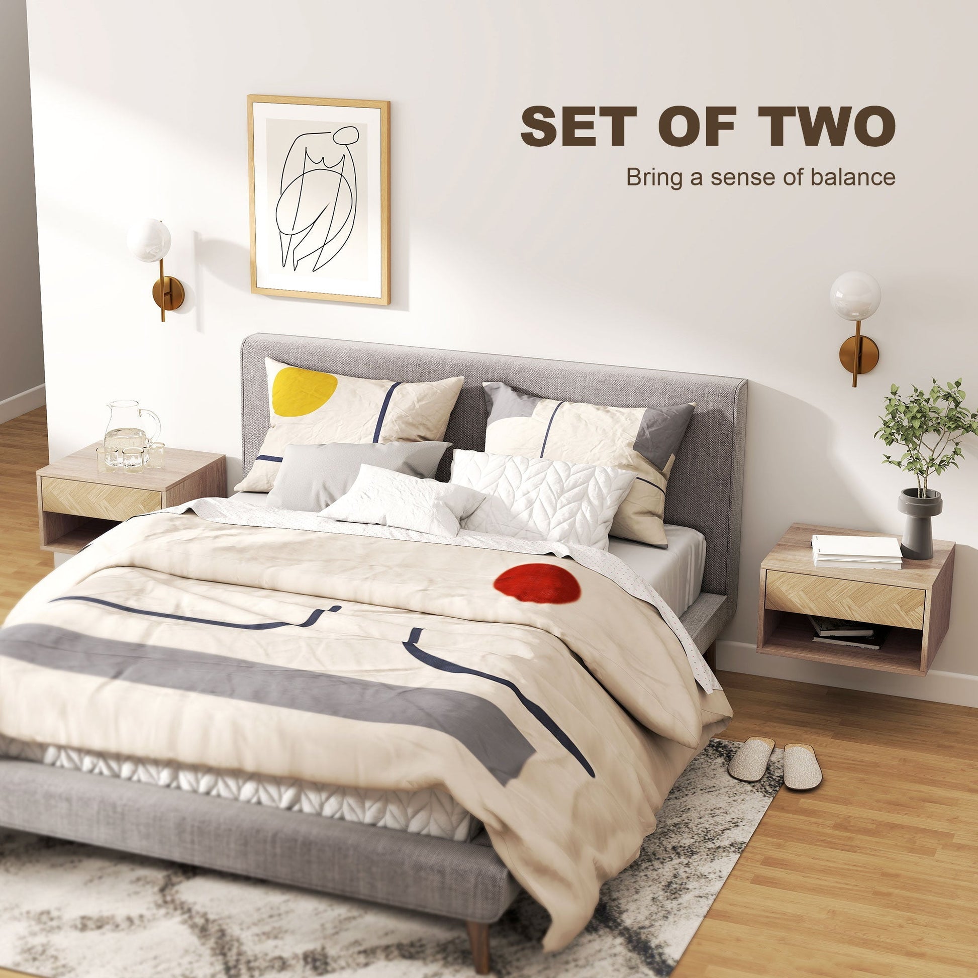 HOMCOM Set of Two Floating Bedside Tables - Natural Wood Finish | Luxury Home Accessories | Heulog Glow