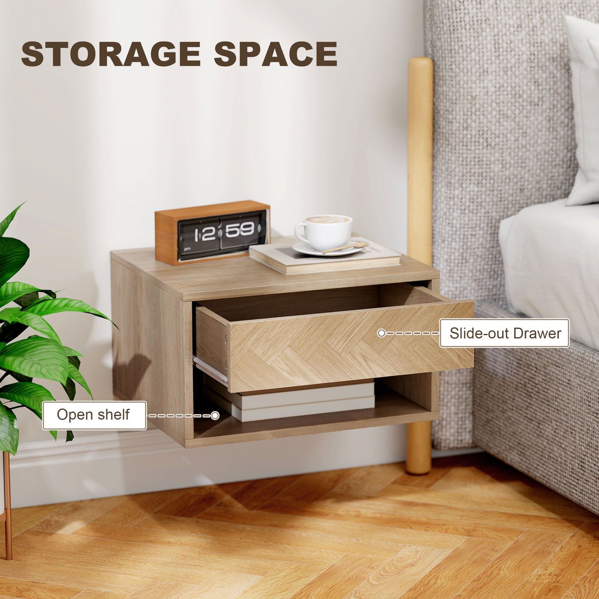 HOMCOM Set of Two Floating Bedside Tables - Natural Wood Finish | Luxury Home Accessories | Heulog Glow