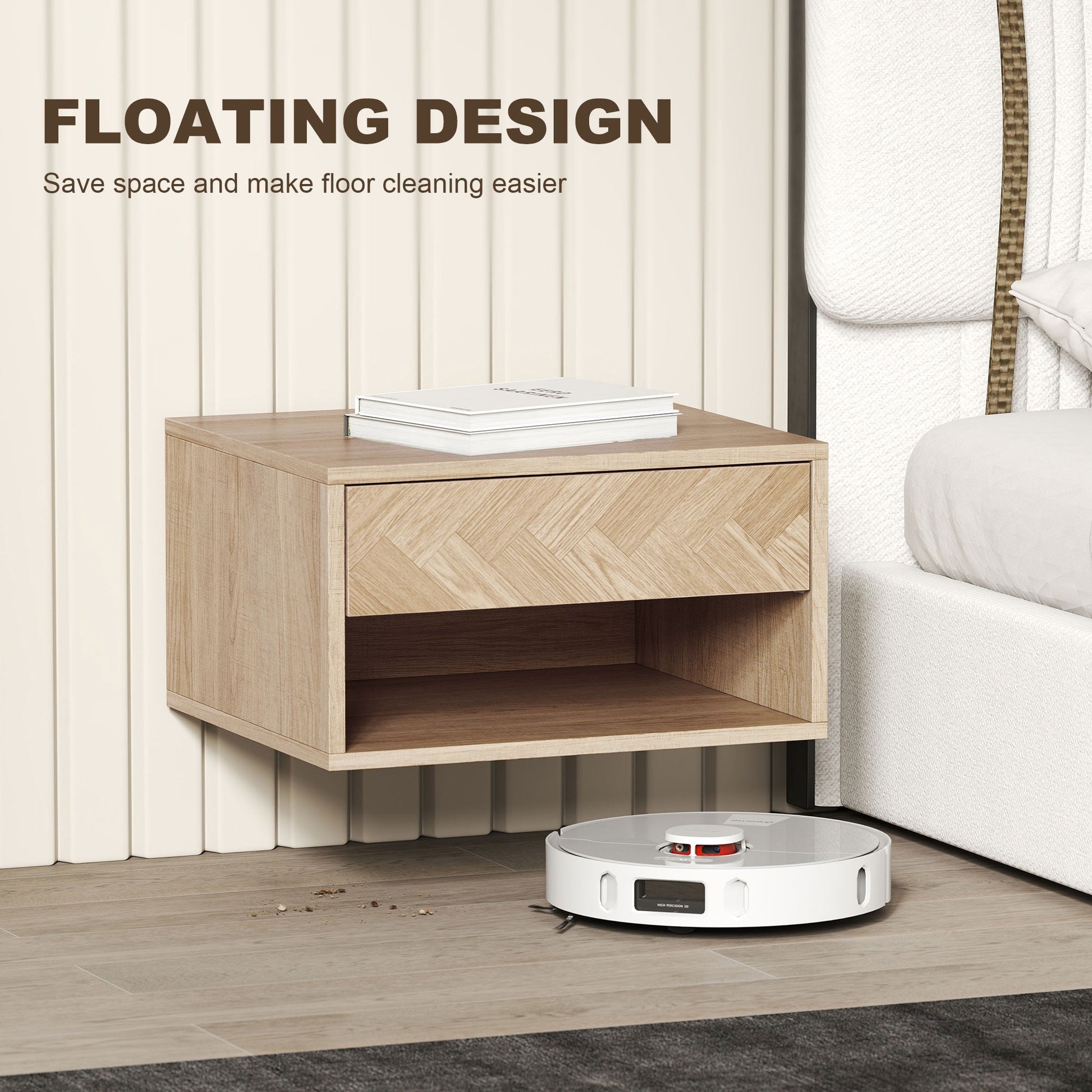 HOMCOM Set of Two Floating Bedside Tables - Natural Wood Finish | Luxury Home Accessories | Heulog Glow