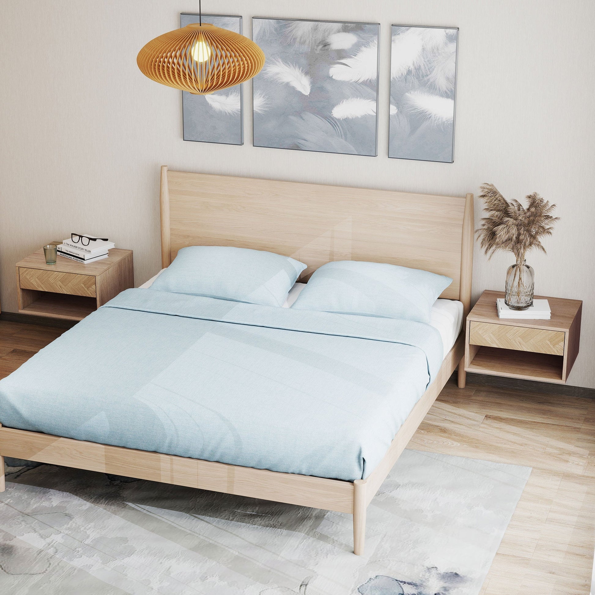 HOMCOM Set of Two Floating Bedside Tables - Natural Wood Finish | Luxury Home Accessories | Heulog Glow
