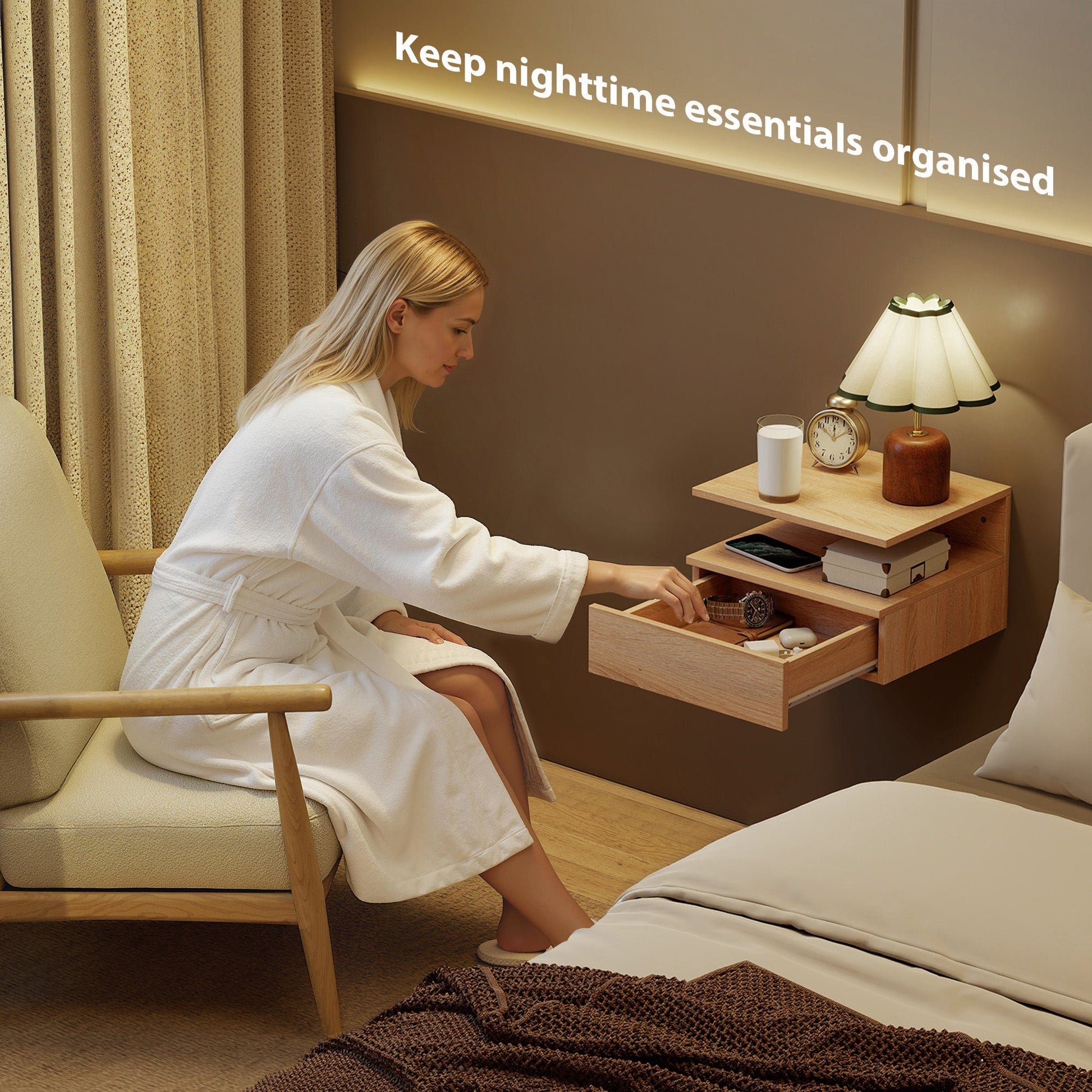 HOMCOM Set of Two Floating Bedside Tables - Oak | Luxury Home Accessories | Heulog Glow