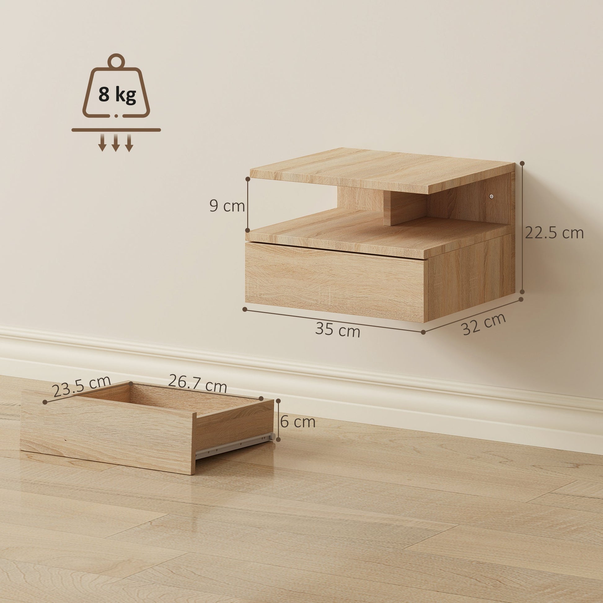 HOMCOM Set of Two Floating Bedside Tables - Oak | Luxury Home Accessories | Heulog Glow