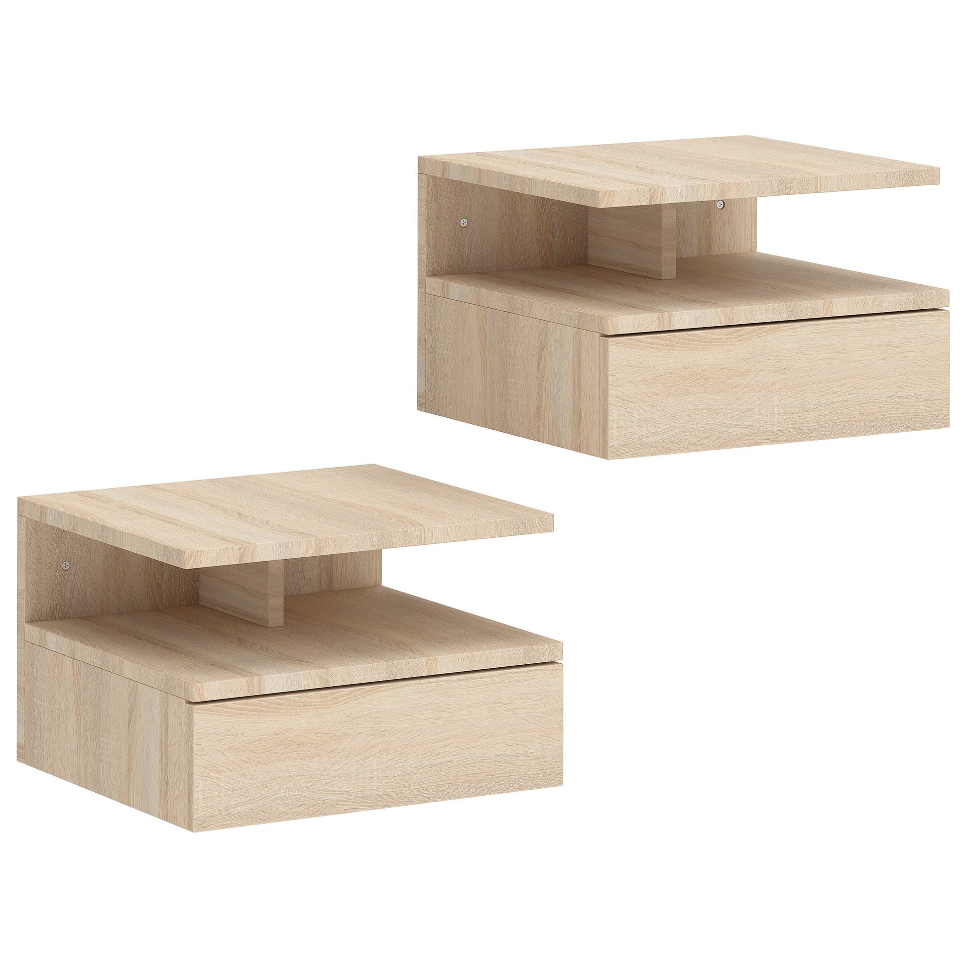 HOMCOM Set of Two Floating Bedside Tables - Oak | Luxury Home Accessories | Heulog Glow