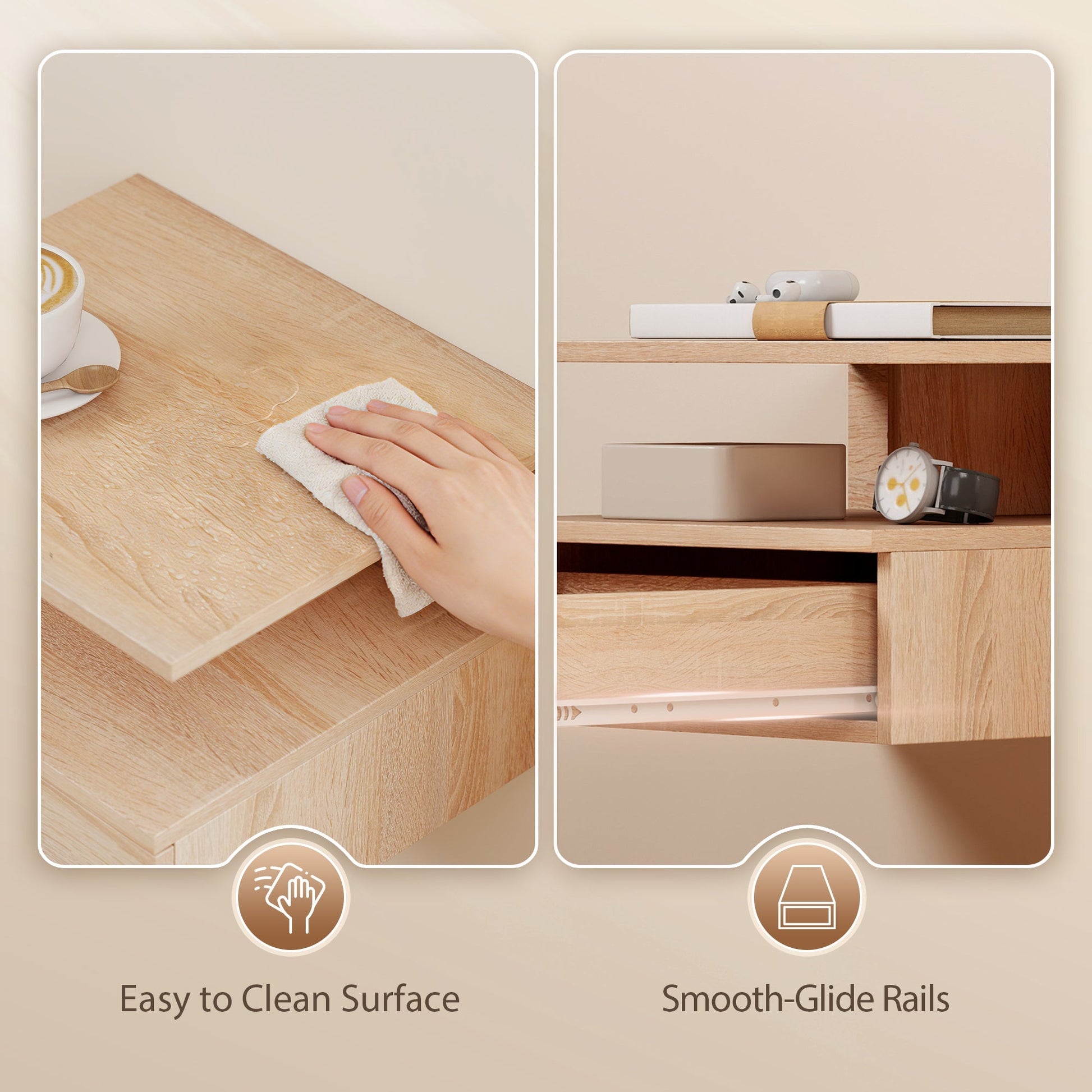 HOMCOM Set of Two Floating Bedside Tables - Oak | Luxury Home Accessories | Heulog Glow