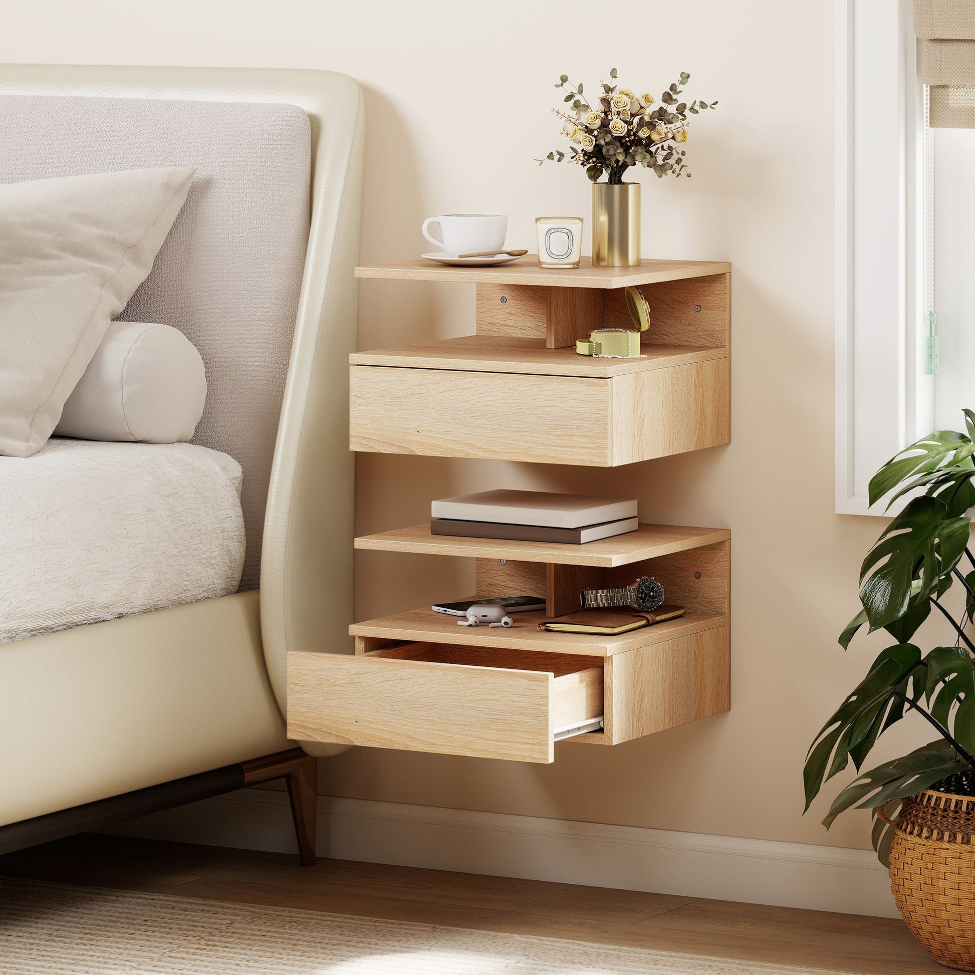 HOMCOM Set of Two Floating Bedside Tables - Oak | Luxury Home Accessories | Heulog Glow