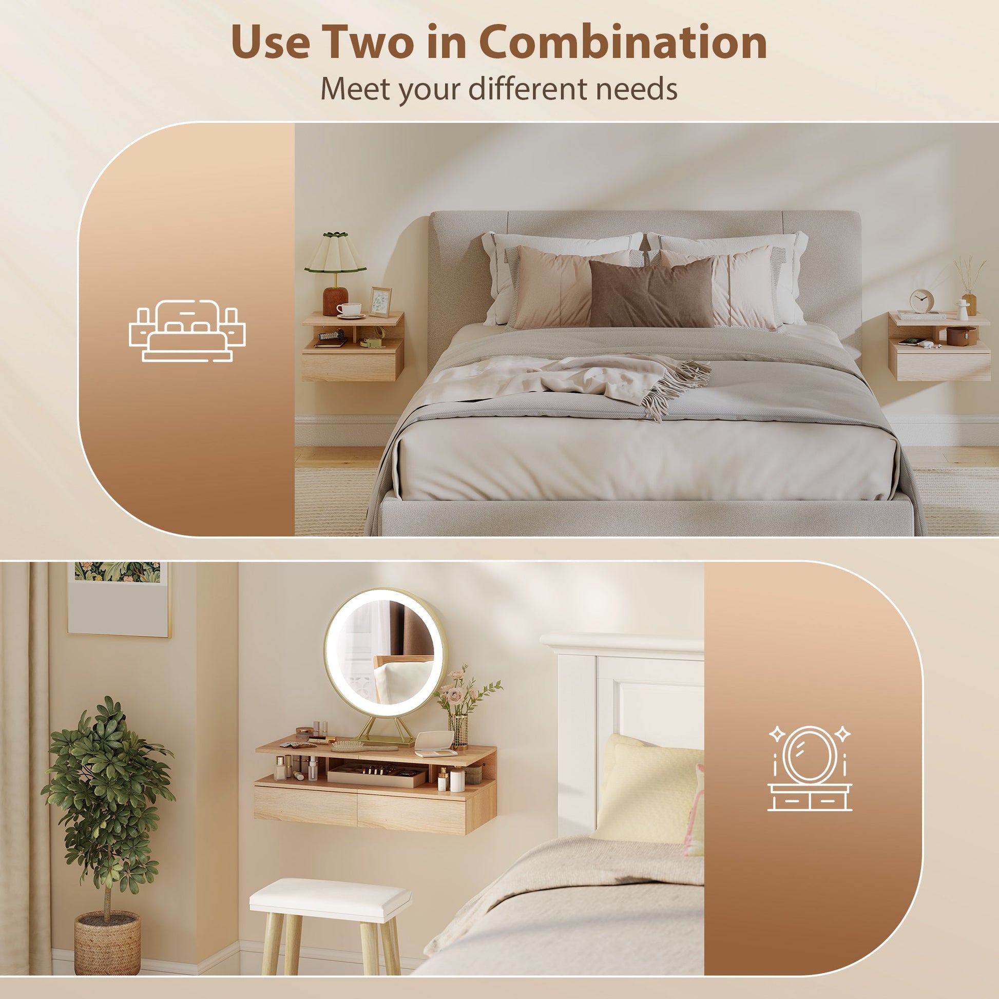 HOMCOM Set of Two Floating Bedside Tables - Oak | Luxury Home Accessories | Heulog Glow