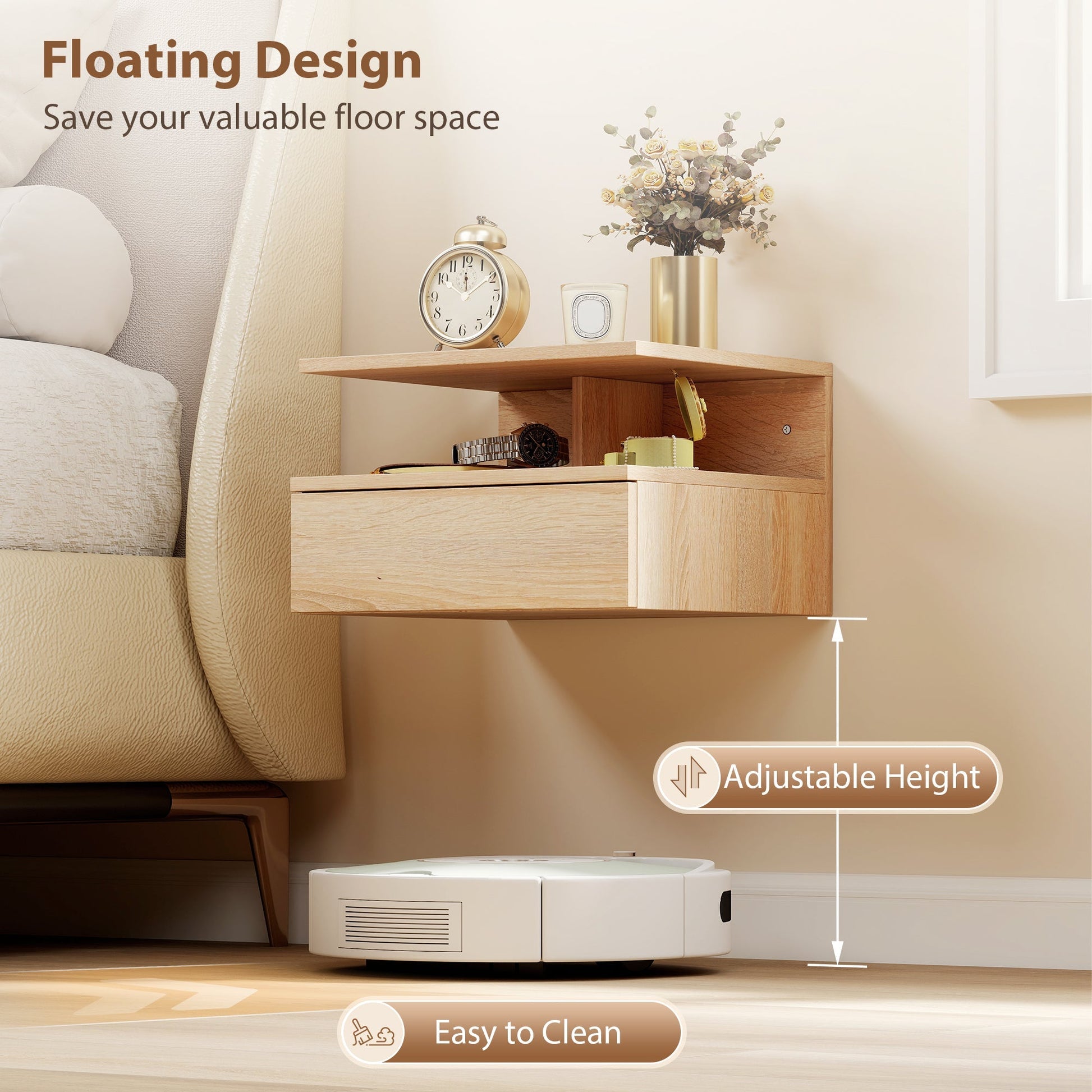 HOMCOM Set of Two Floating Bedside Tables - Oak | Luxury Home Accessories | Heulog Glow