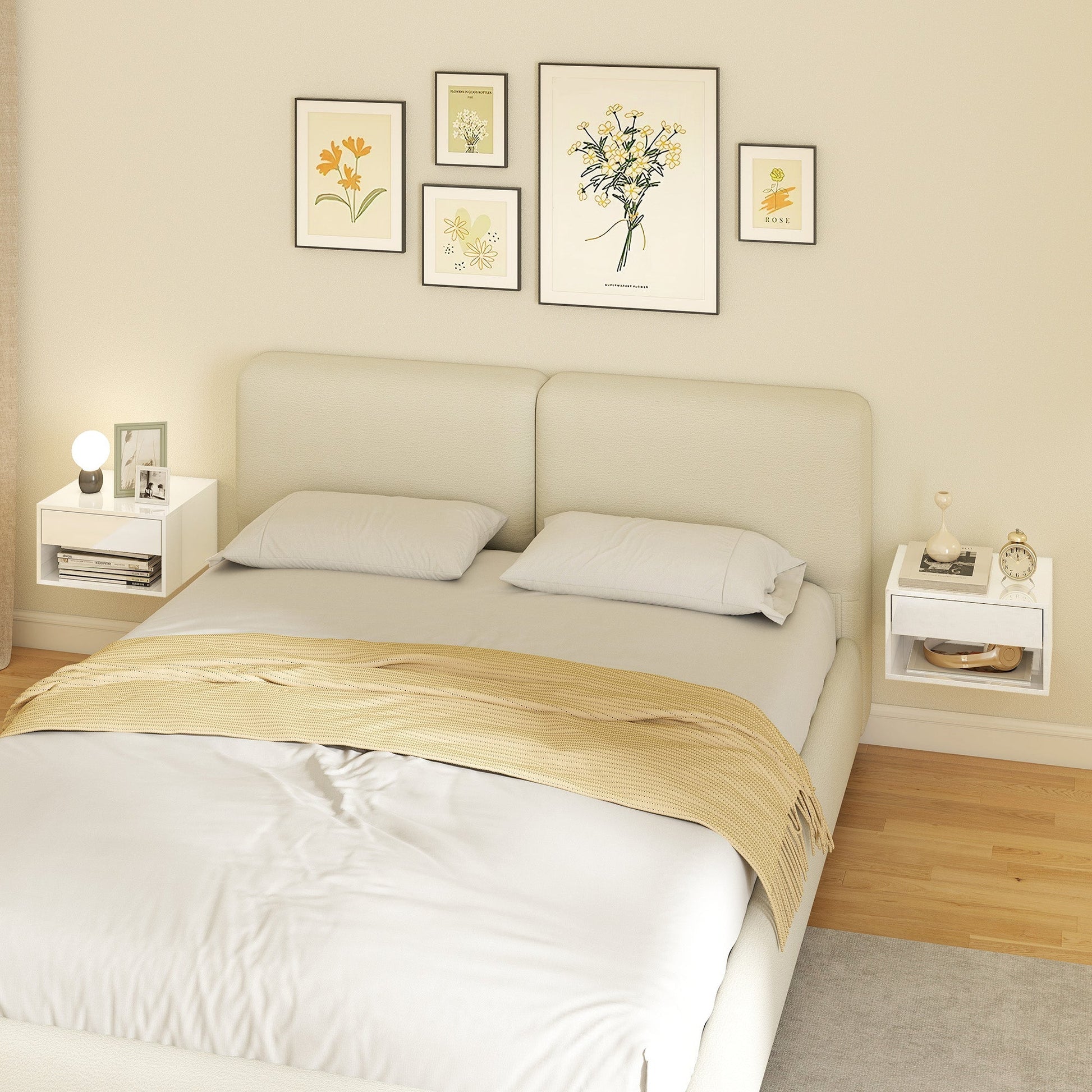 HOMCOM Set of Two Floating Bedside Tables, Wall Mounted Nightstand with Drawer and Open Shelf, High Gloss White | Luxury Home Accessories | Heulog Glow