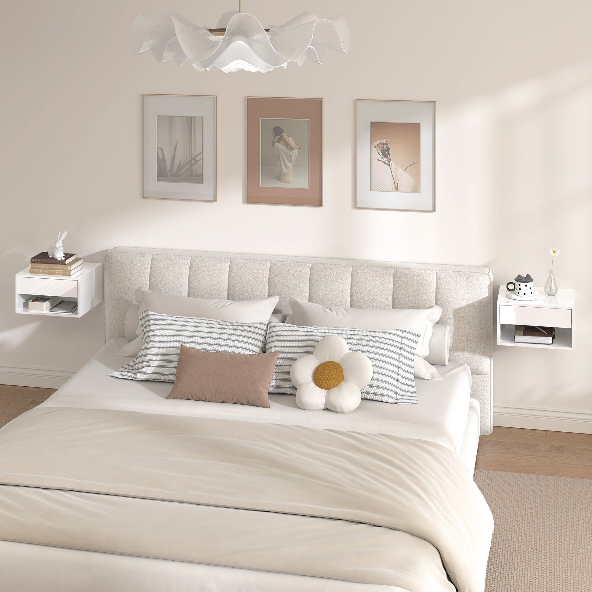 HOMCOM Set of Two Floating Bedside Tables, Wall Mounted Nightstand with Drawer and Open Shelf, High Gloss White | Luxury Home Accessories | Heulog Glow