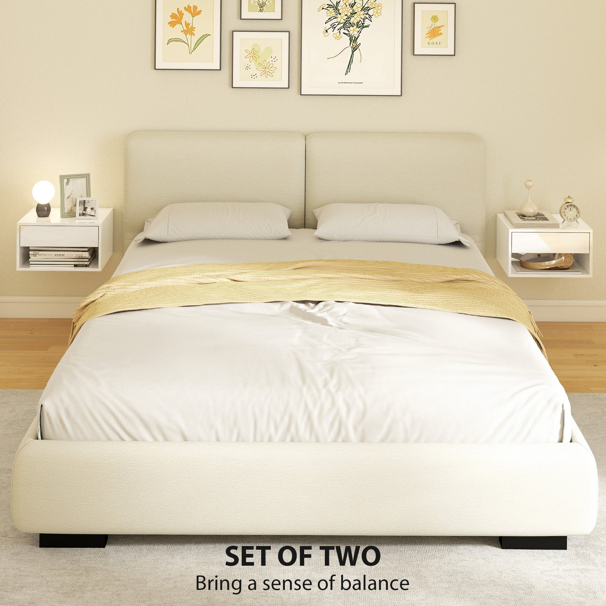 HOMCOM Set of Two Floating Bedside Tables, Wall Mounted Nightstand with Drawer and Open Shelf, High Gloss White | Luxury Home Accessories | Heulog Glow