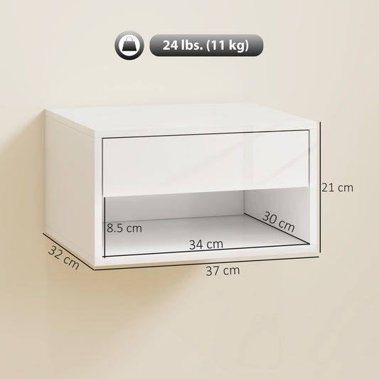 HOMCOM Set of Two Floating Bedside Tables, Wall Mounted Nightstand with Drawer and Open Shelf, High Gloss White | Luxury Home Accessories | Heulog Glow
