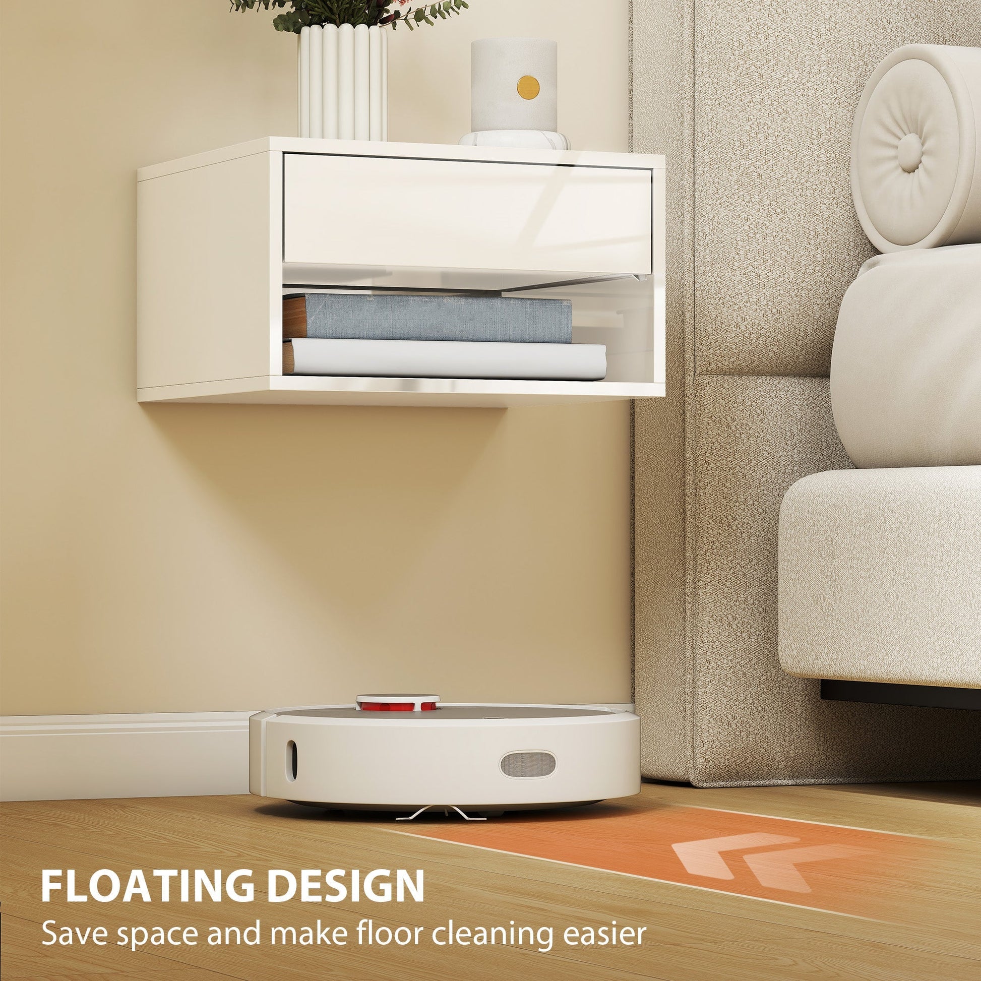 HOMCOM Set of Two Floating Bedside Tables, Wall Mounted Nightstand with Drawer and Open Shelf, High Gloss White | Luxury Home Accessories | Heulog Glow