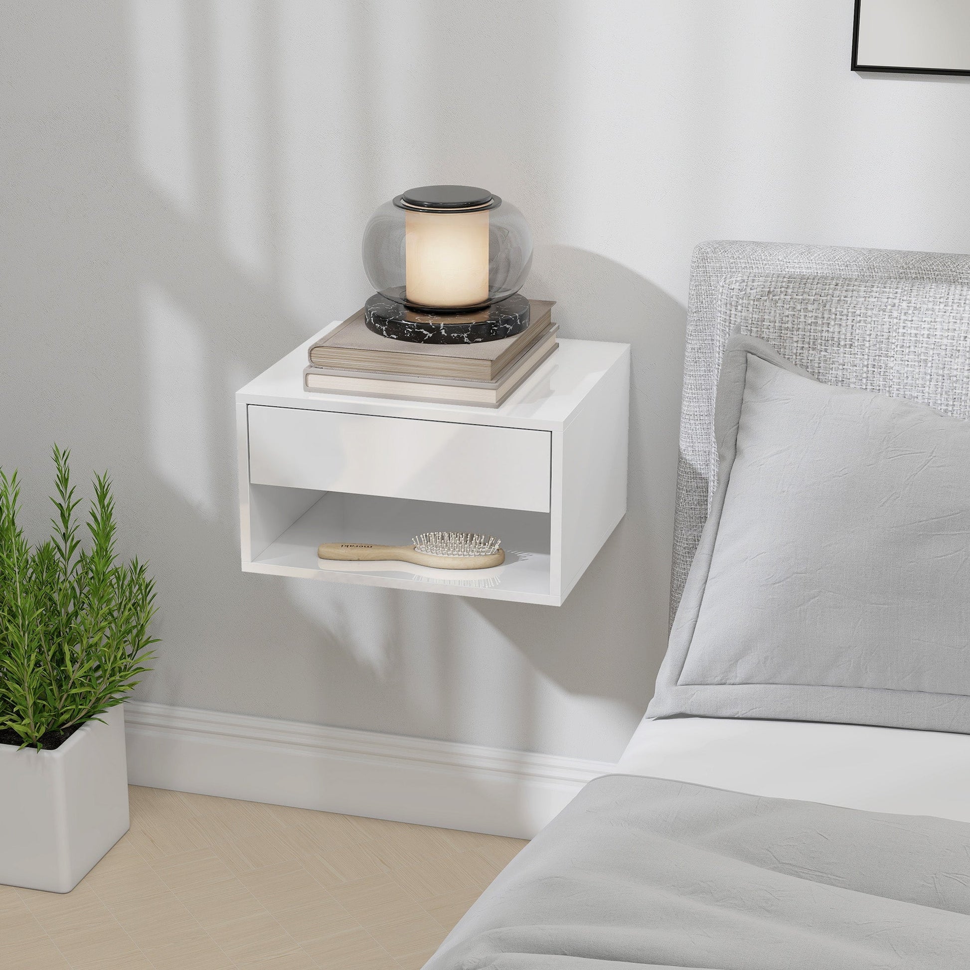 HOMCOM Set of Two Floating Bedside Tables, Wall Mounted Nightstand with Drawer and Open Shelf, High Gloss White | Luxury Home Accessories | Heulog Glow