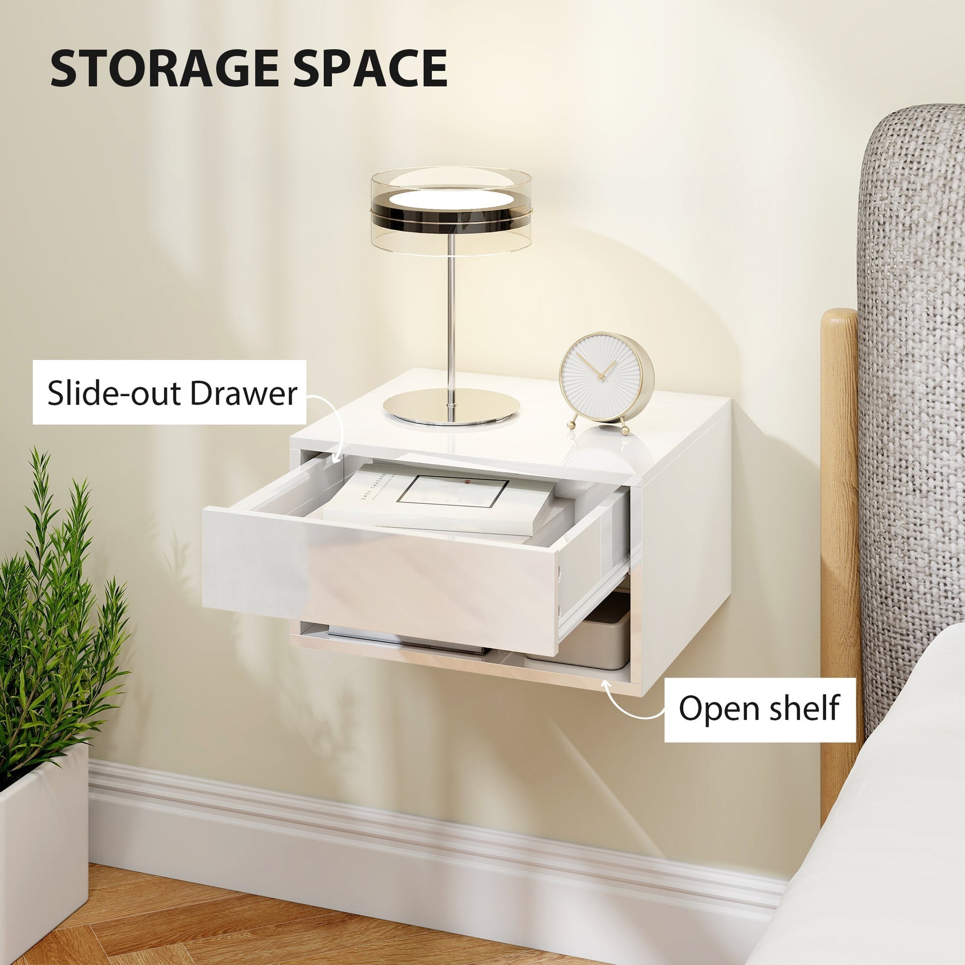 HOMCOM Set of Two Floating Bedside Tables, Wall Mounted Nightstand with Drawer and Open Shelf, High Gloss White | Luxury Home Accessories | Heulog Glow