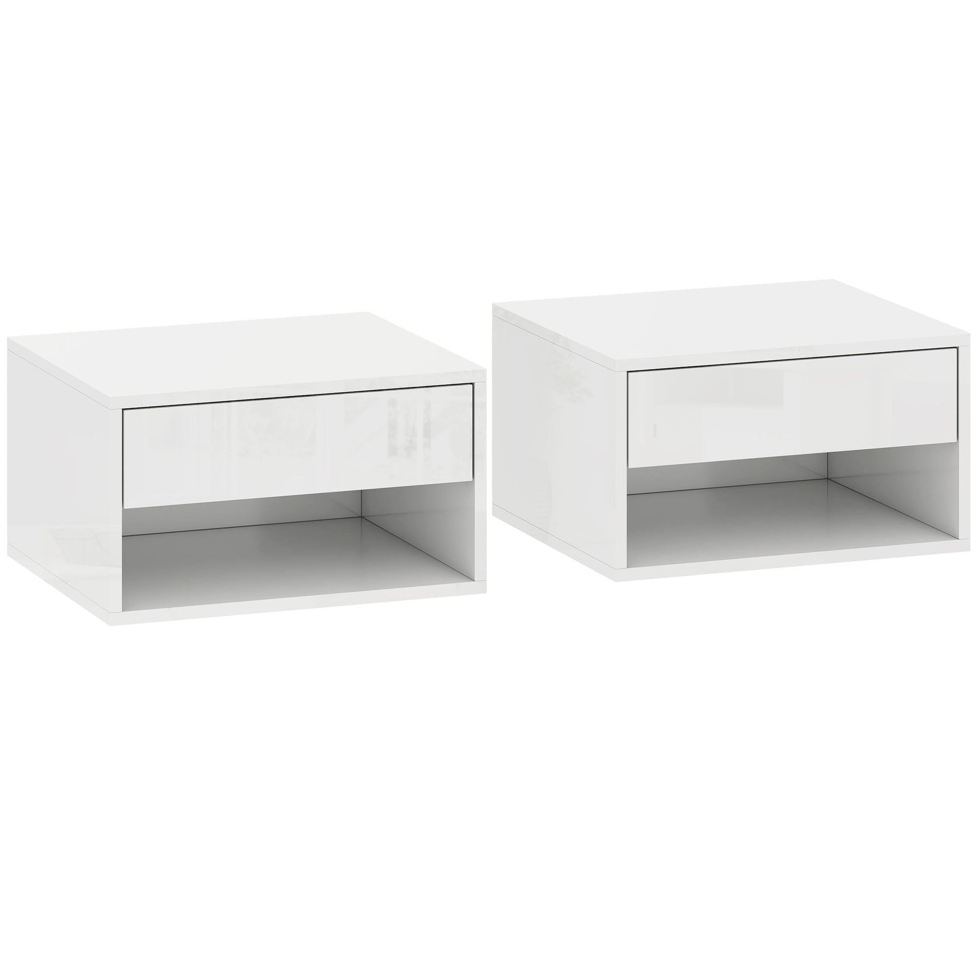 HOMCOM Set of Two Floating Bedside Tables, Wall Mounted Nightstand with Drawer and Open Shelf, High Gloss White | Luxury Home Accessories | Heulog Glow