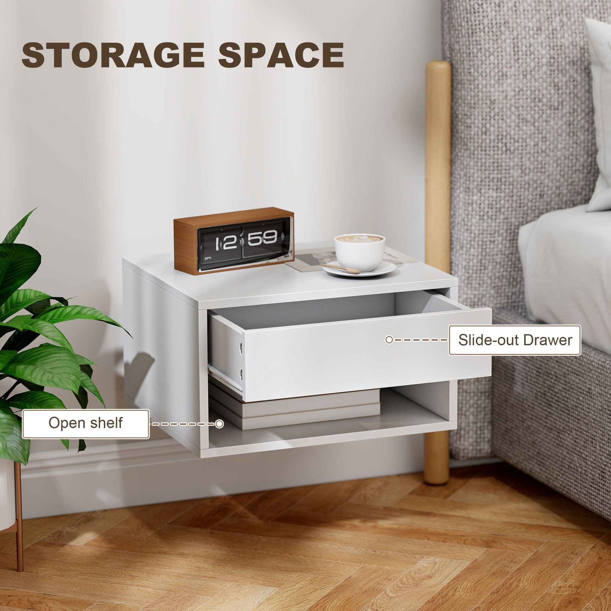HOMCOM Set of Two Floating Bedside Tables - White | Luxury Home Accessories | Heulog Glow
