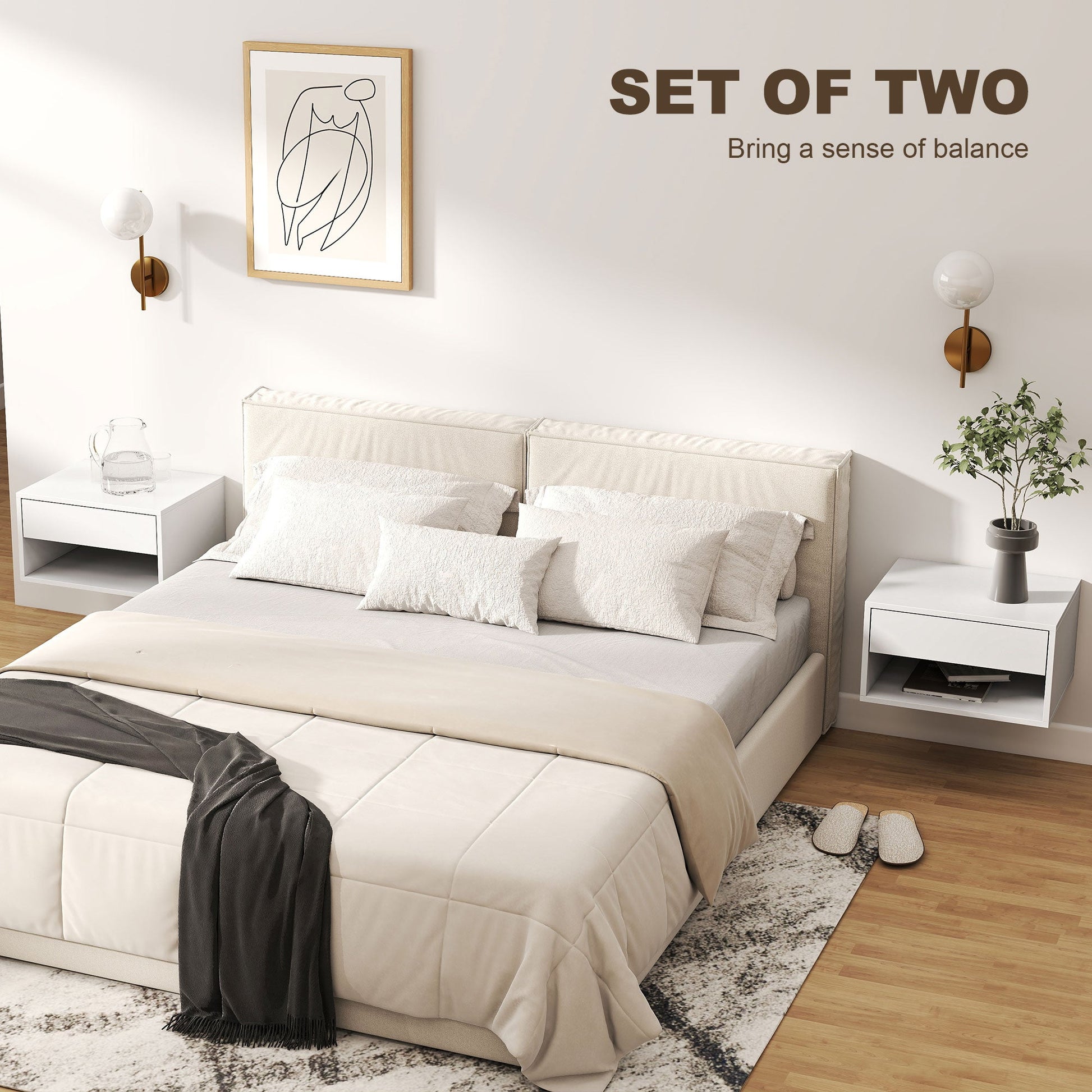 HOMCOM Set of Two Floating Bedside Tables - White | Luxury Home Accessories | Heulog Glow