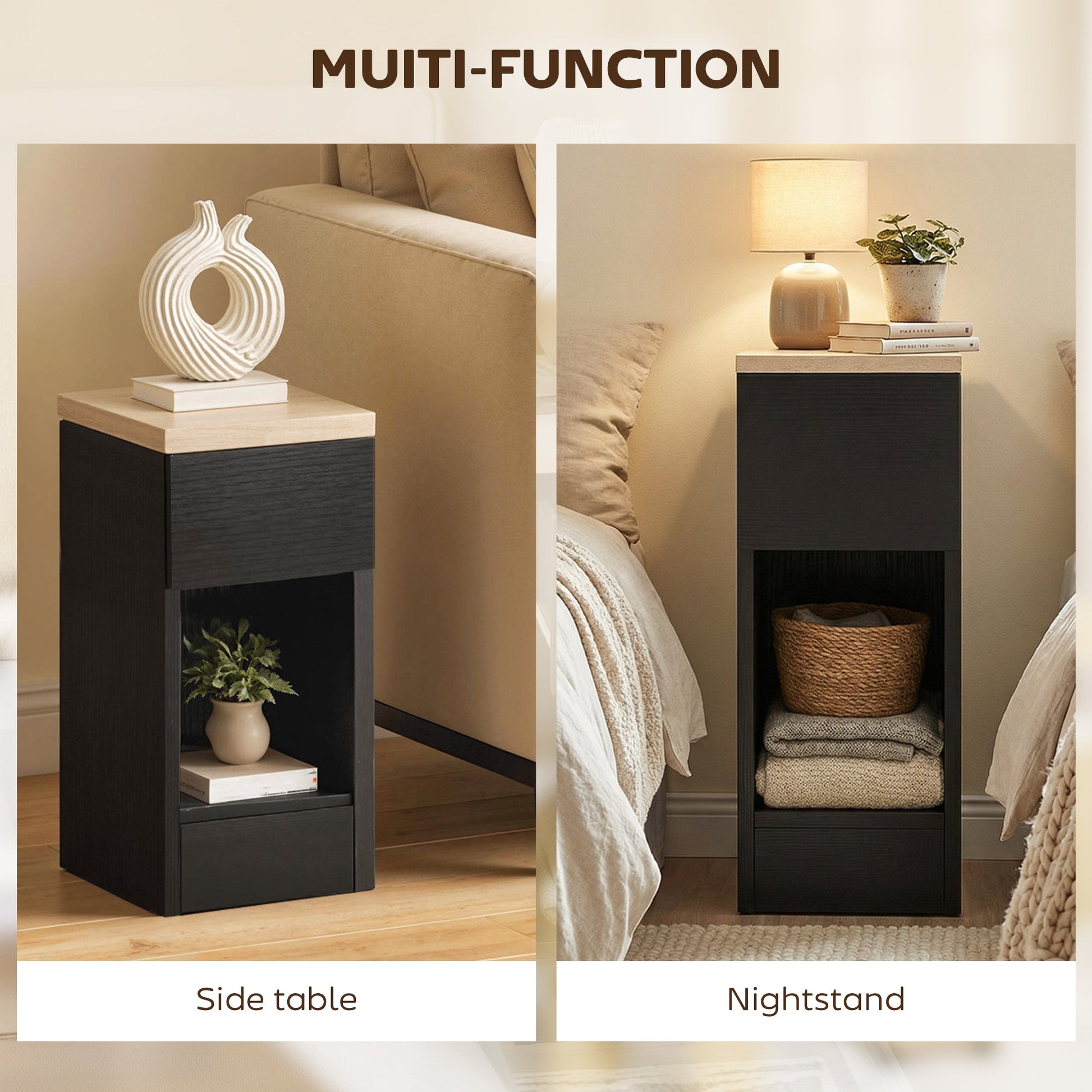 HOMCOM Set of Two Modern Storage Bedside Tables - Black | Luxury Home Accessories | Heulog Glow