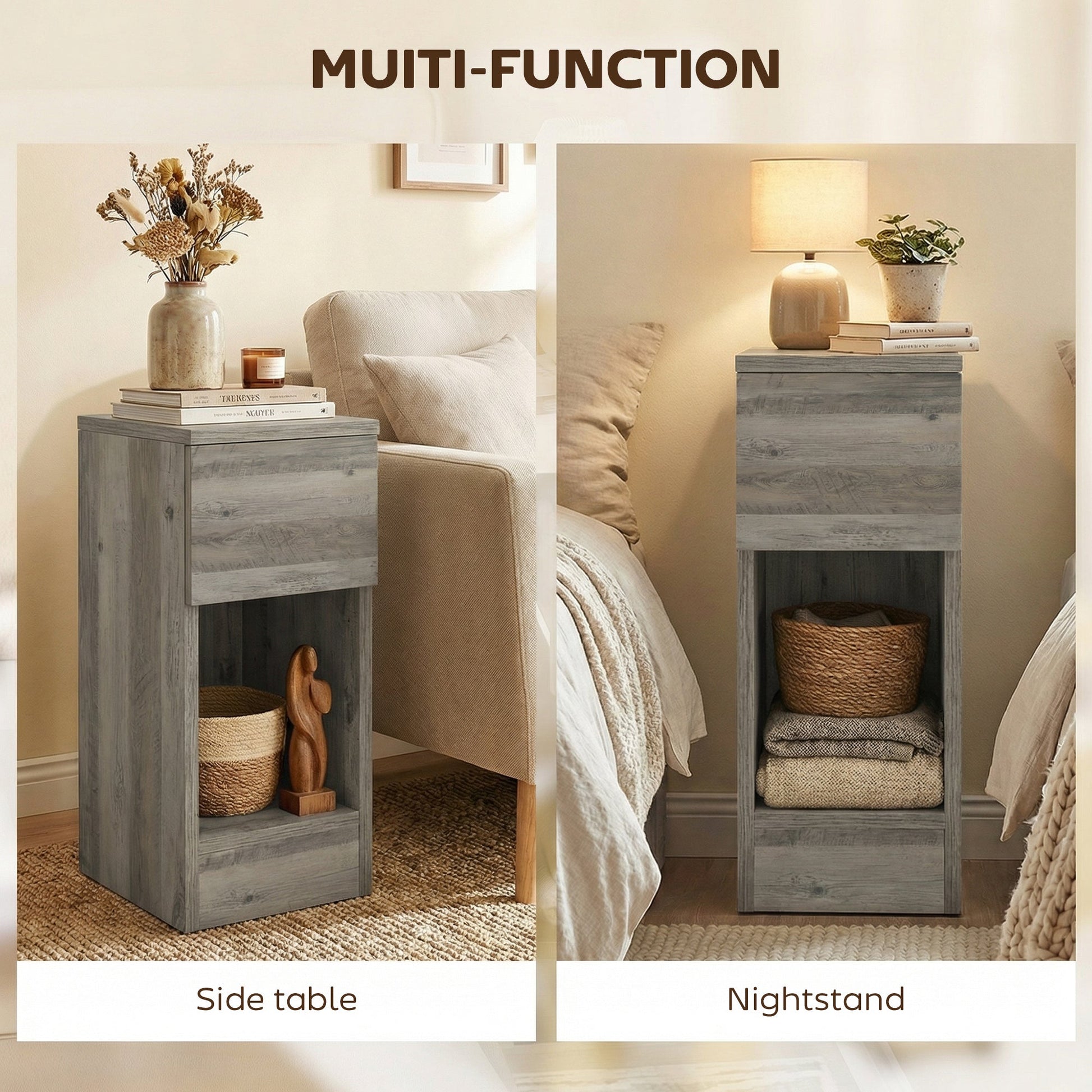 HOMCOM Set of Two Modern Storage Bedside Tables - Grey | Luxury Home Accessories | Heulog Glow