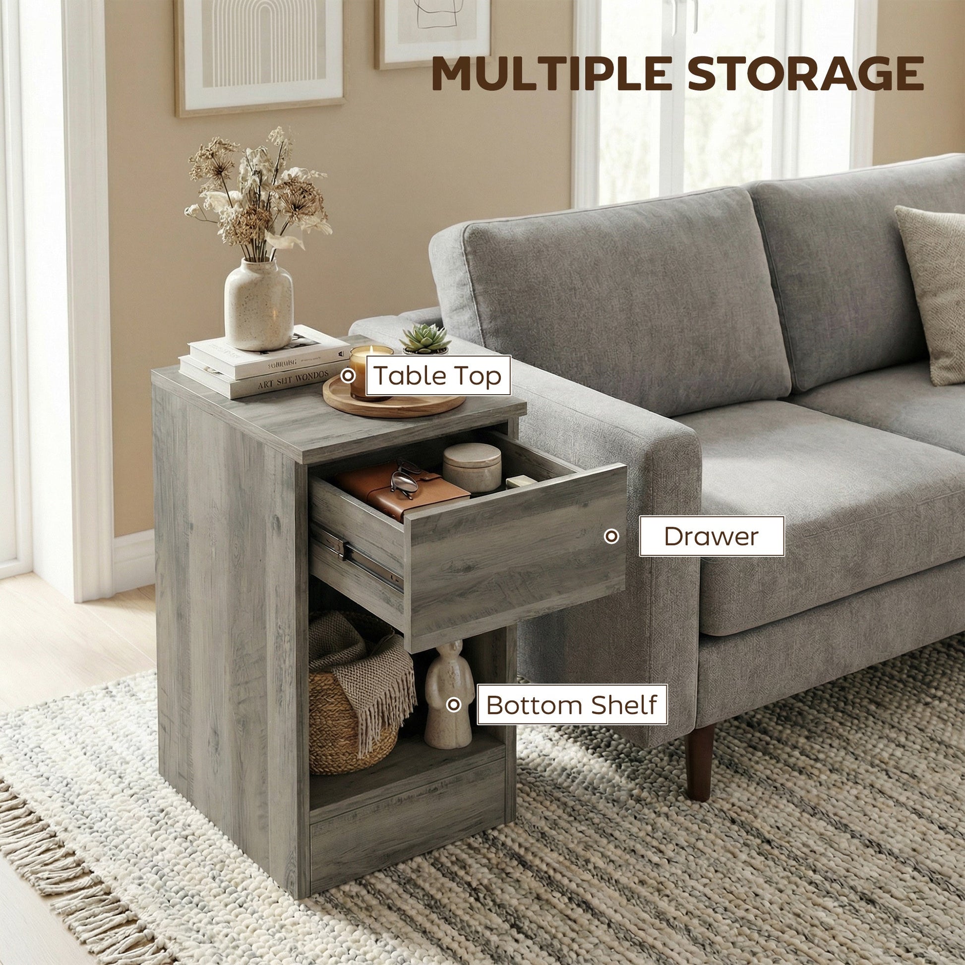 HOMCOM Set of Two Modern Storage Bedside Tables - Grey | Luxury Home Accessories | Heulog Glow