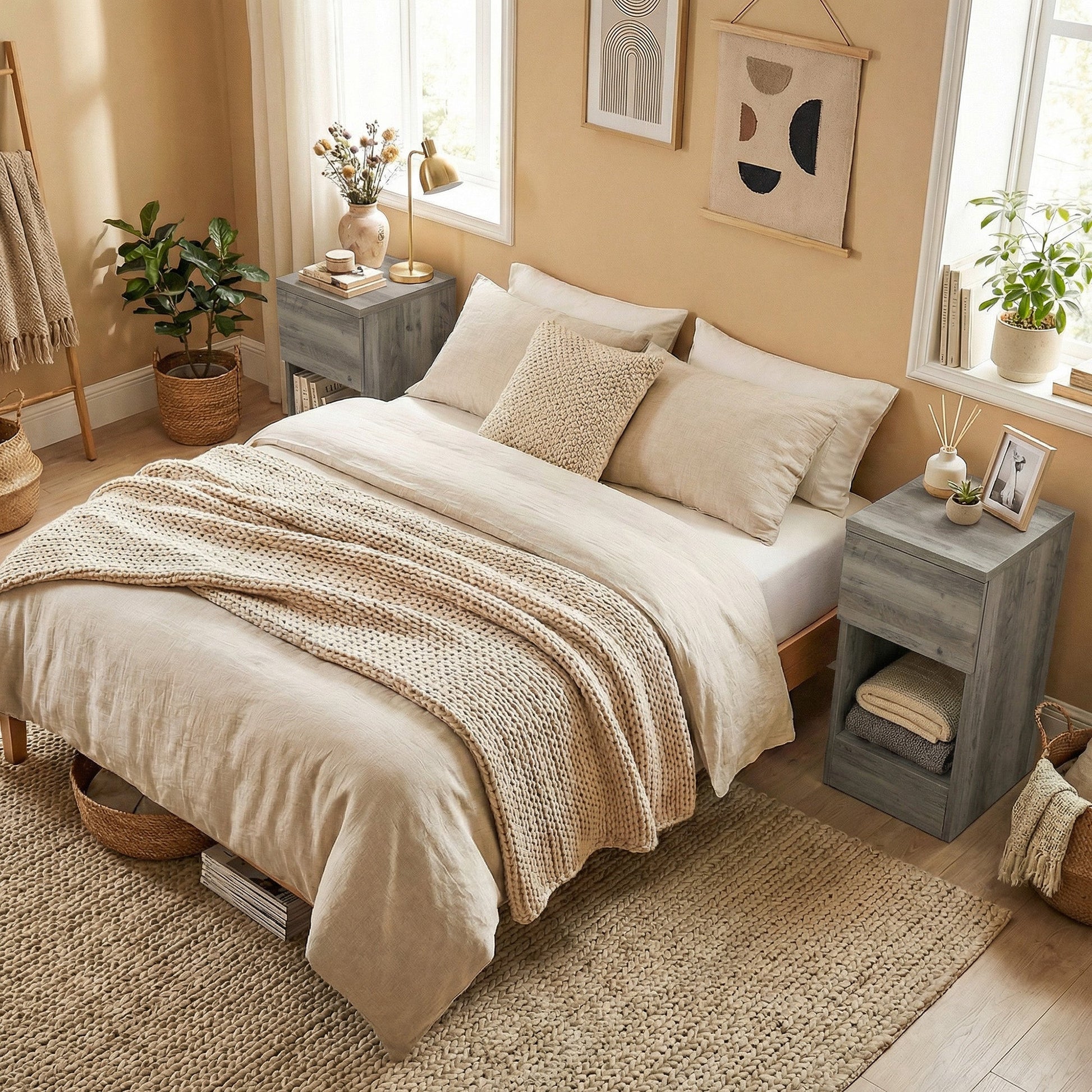 HOMCOM Set of Two Modern Storage Bedside Tables - Grey | Luxury Home Accessories | Heulog Glow