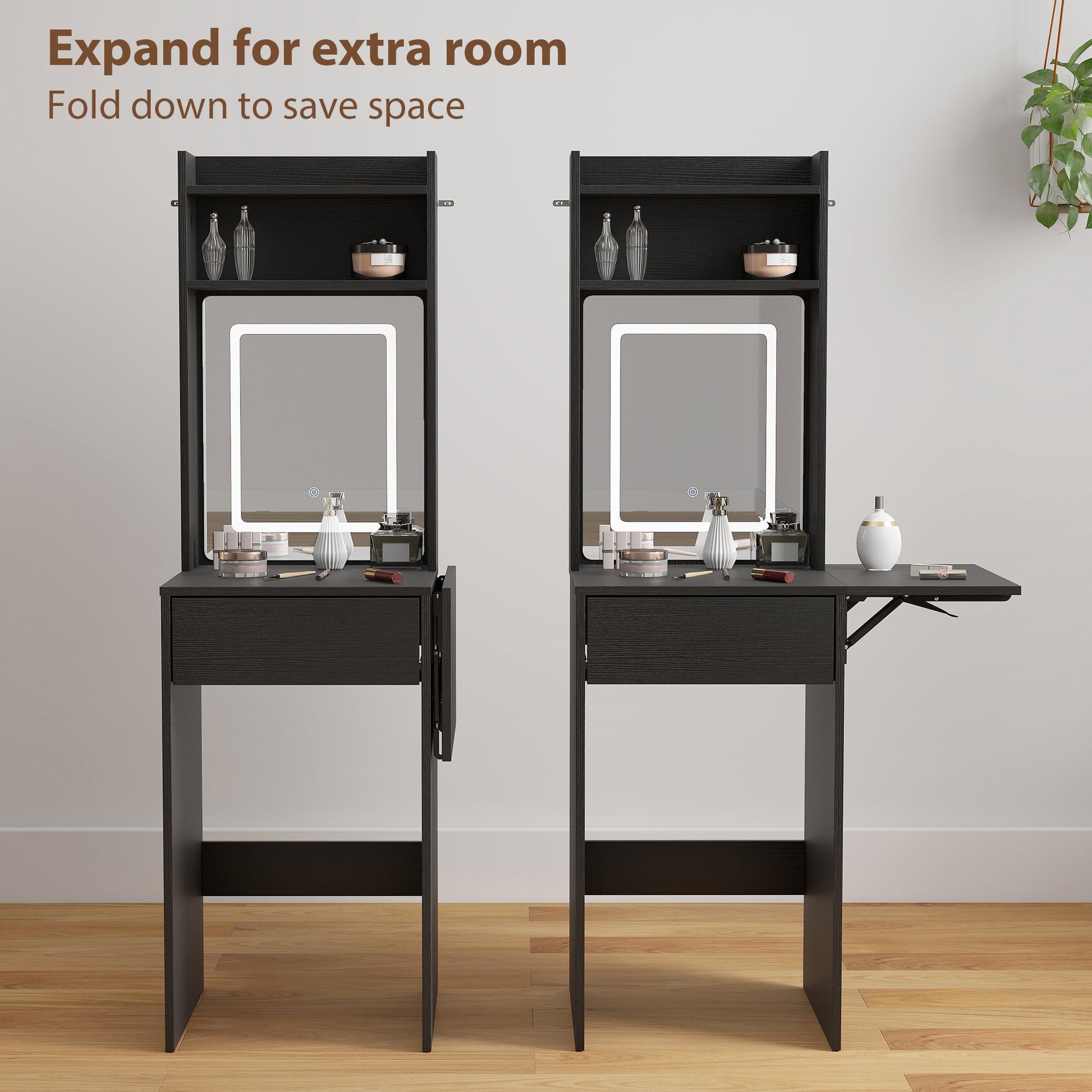HOMCOM Small Vanity Desk with Mirror and LED Lights, Compact Dressing Table with Drop Leaf, Open Shelves and Drawer, Black | Luxury Home Accessories | Heulog Glow