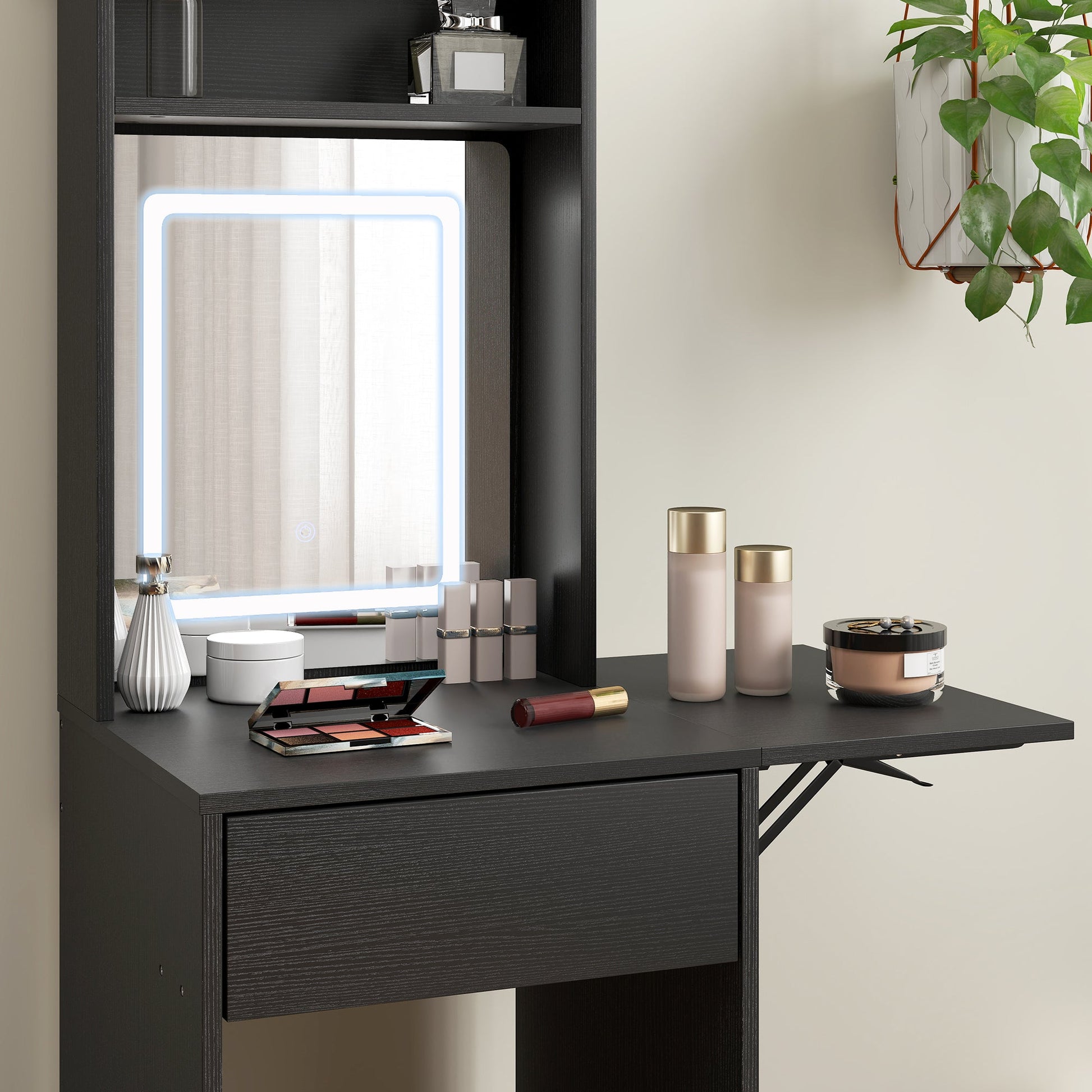 HOMCOM Small Vanity Desk with Mirror and LED Lights, Compact Dressing Table with Drop Leaf, Open Shelves and Drawer, Black | Luxury Home Accessories | Heulog Glow